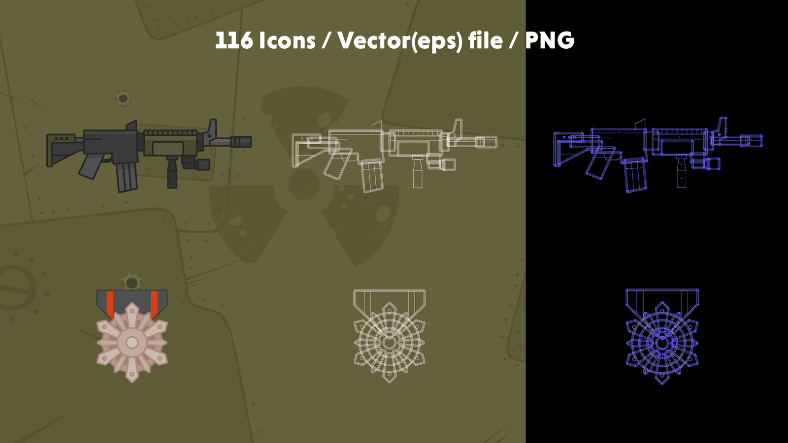 Two-dimensional military icons from LAYERLAB Shop, featuring various military equipment and symbols in a digital icon style.