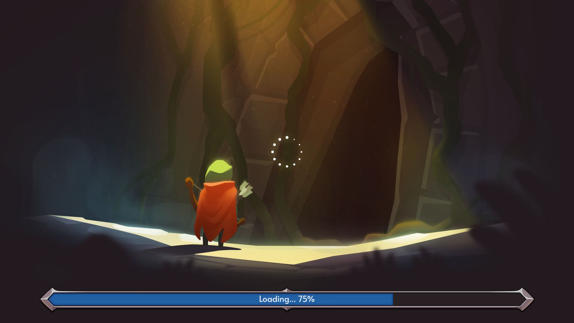Fantasy RPG mobile game loading screen UI with cloaked character facing cave entrance and blue progress bar, Layerlab, store.layerlab