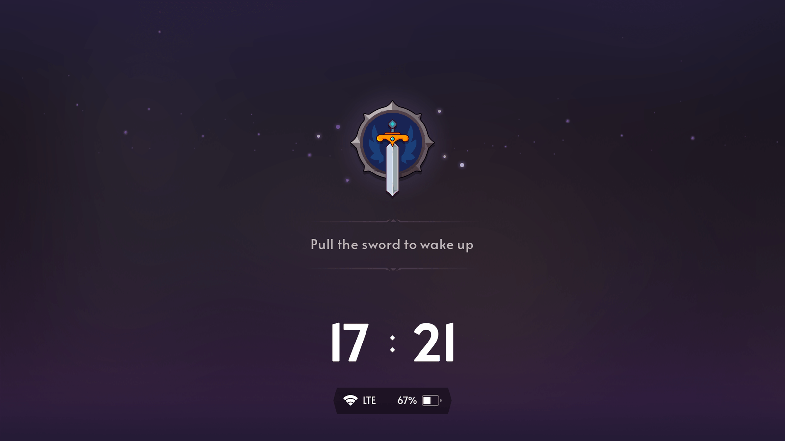 Fantasy RPG mobile game power save screen UI with glowing sword icon, wake up message, digital clock, and status indicators, Layerlab, store.layerlab