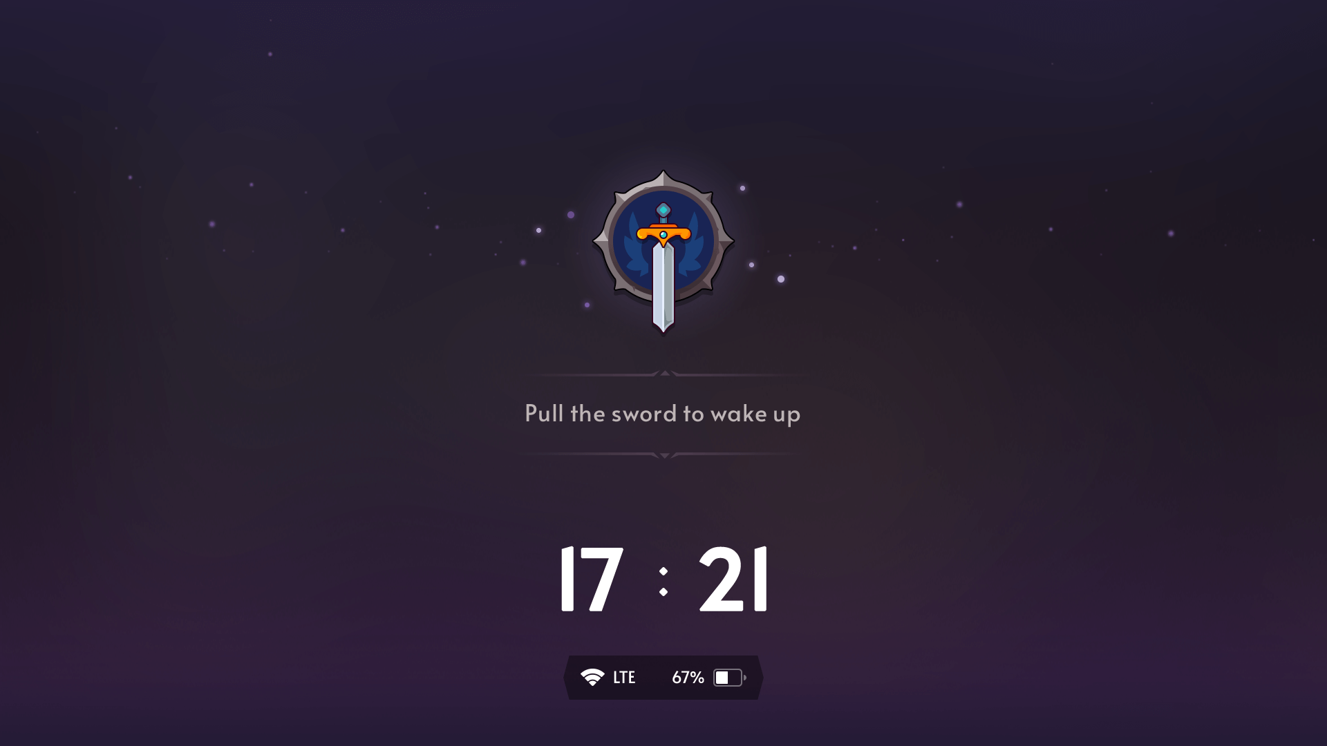 Fantasy RPG mobile game power save screen UI with glowing sword icon, wake up message, digital clock, and status indicators, Layerlab, store.layerlab