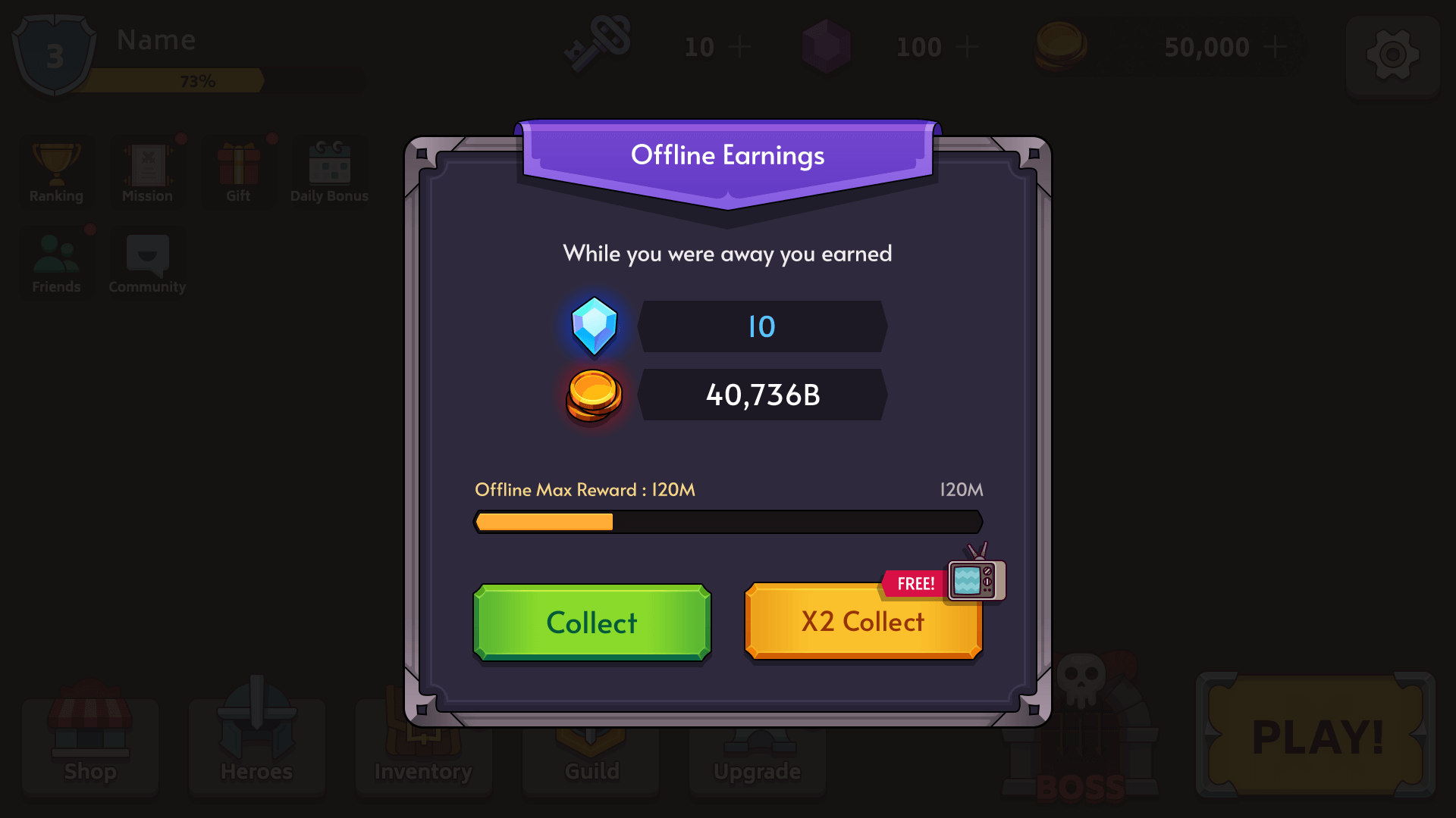 Fantasy RPG mobile game offline rewards popup UI showing earned gold and gems, collect buttons, and x2 reward option, Layerlab, store.layerlab