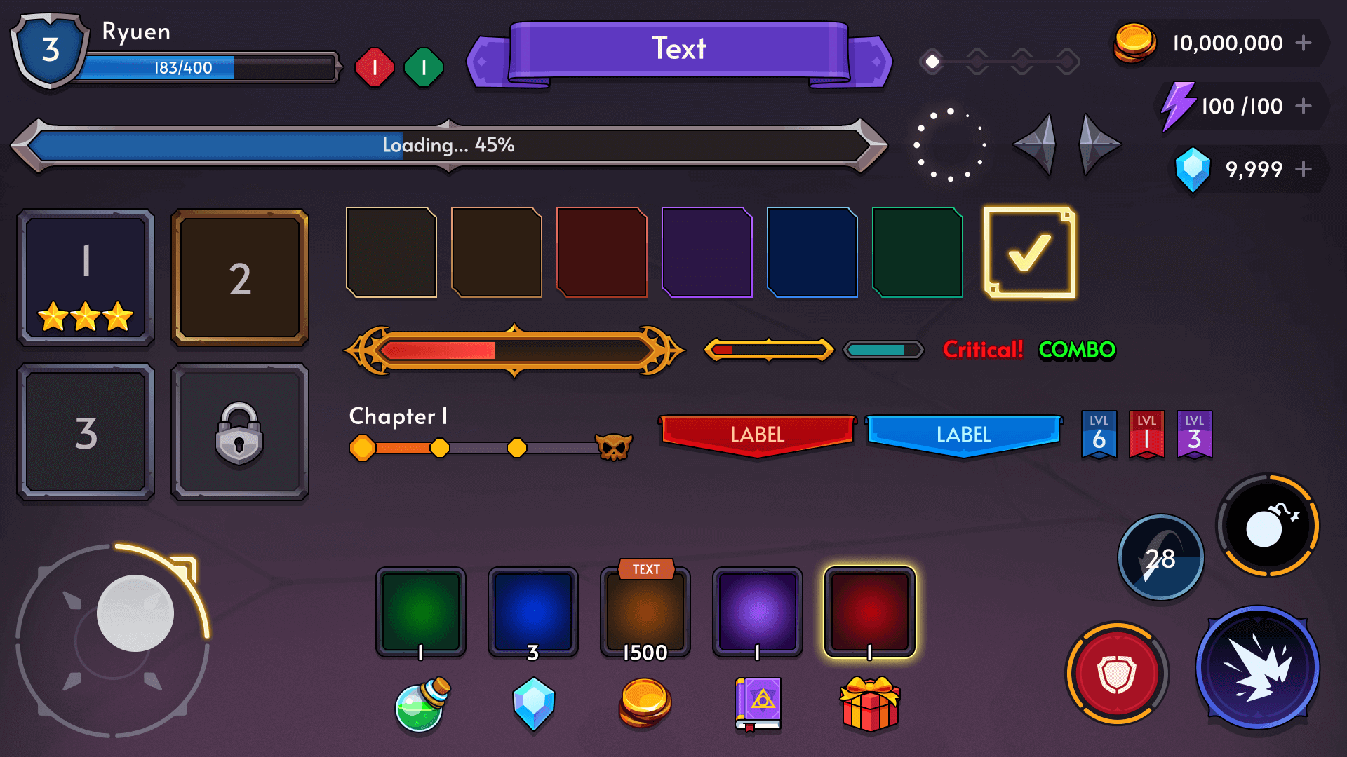 Fantasy RPG mobile game GUI components showing level bar, progress bar, buttons, skill icons, and in-game HUD elements for Unity and Unreal UI design, Layerlab, store.layerlab