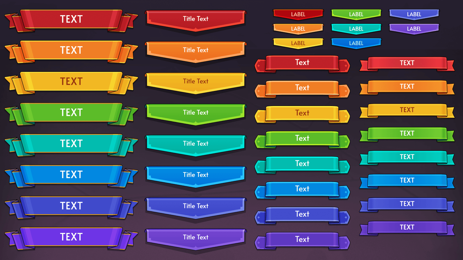 Fantasy RPG UI ribbon banners and colorful title labels for game interface design, including red, orange, yellow, green, blue, and purple variations, Layerlab, store.layerlab