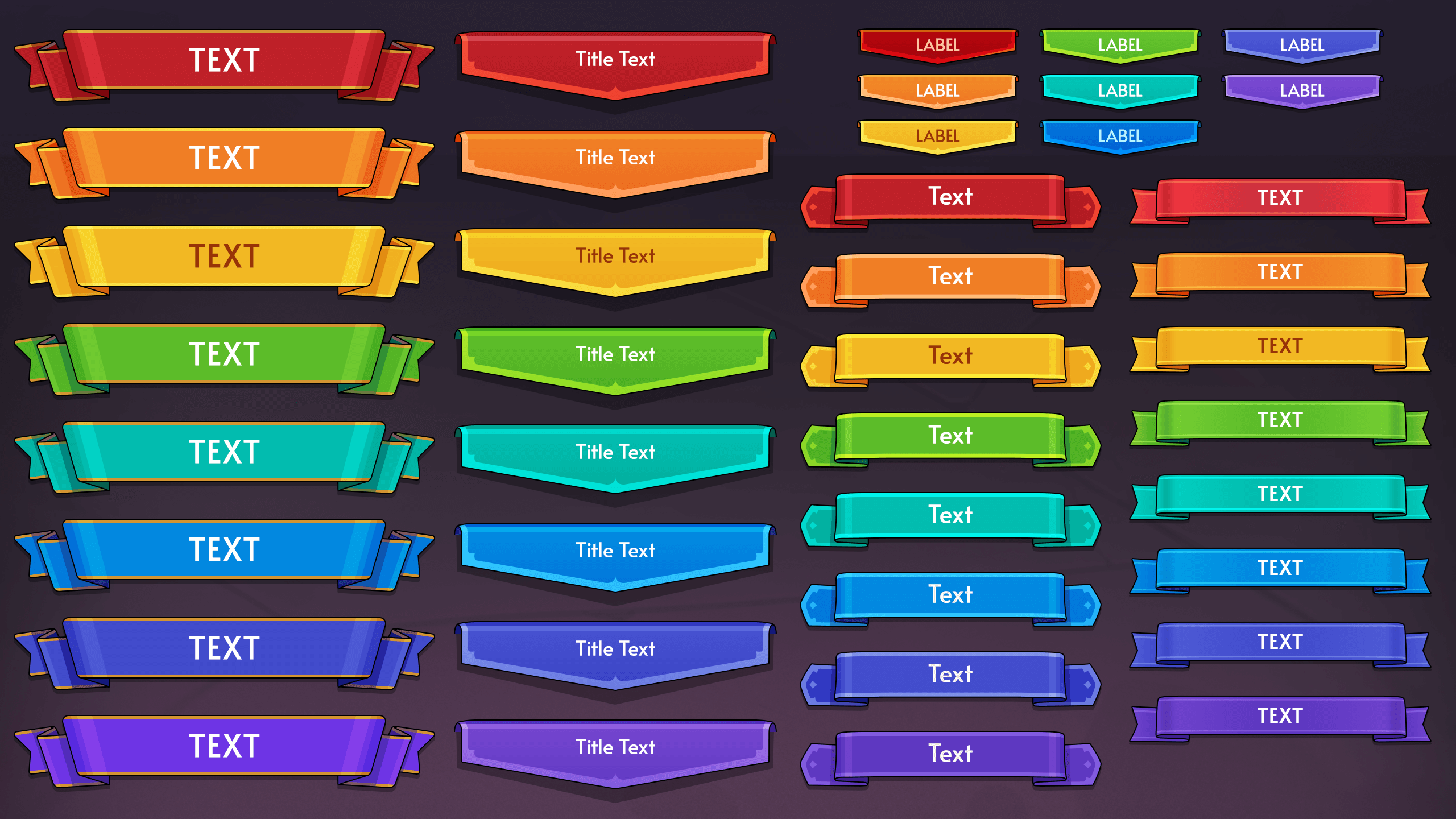 Fantasy RPG UI ribbon banners and colorful title labels for game interface design, including red, orange, yellow, green, blue, and purple variations, Layerlab, store.layerlab