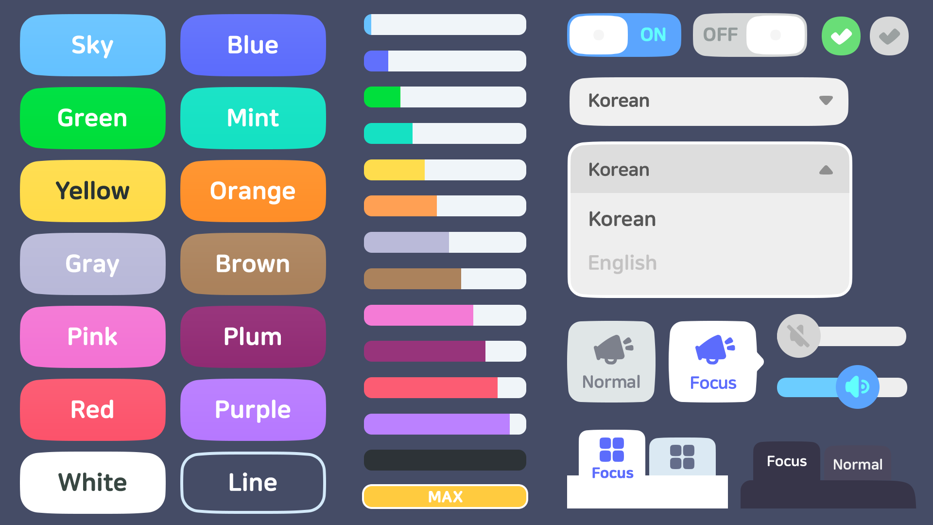 Casual game UI components with colorful buttons, sliders, dropdown menus, and toggle switches for mobile life simulation interface, Layerlab, store.layerlab