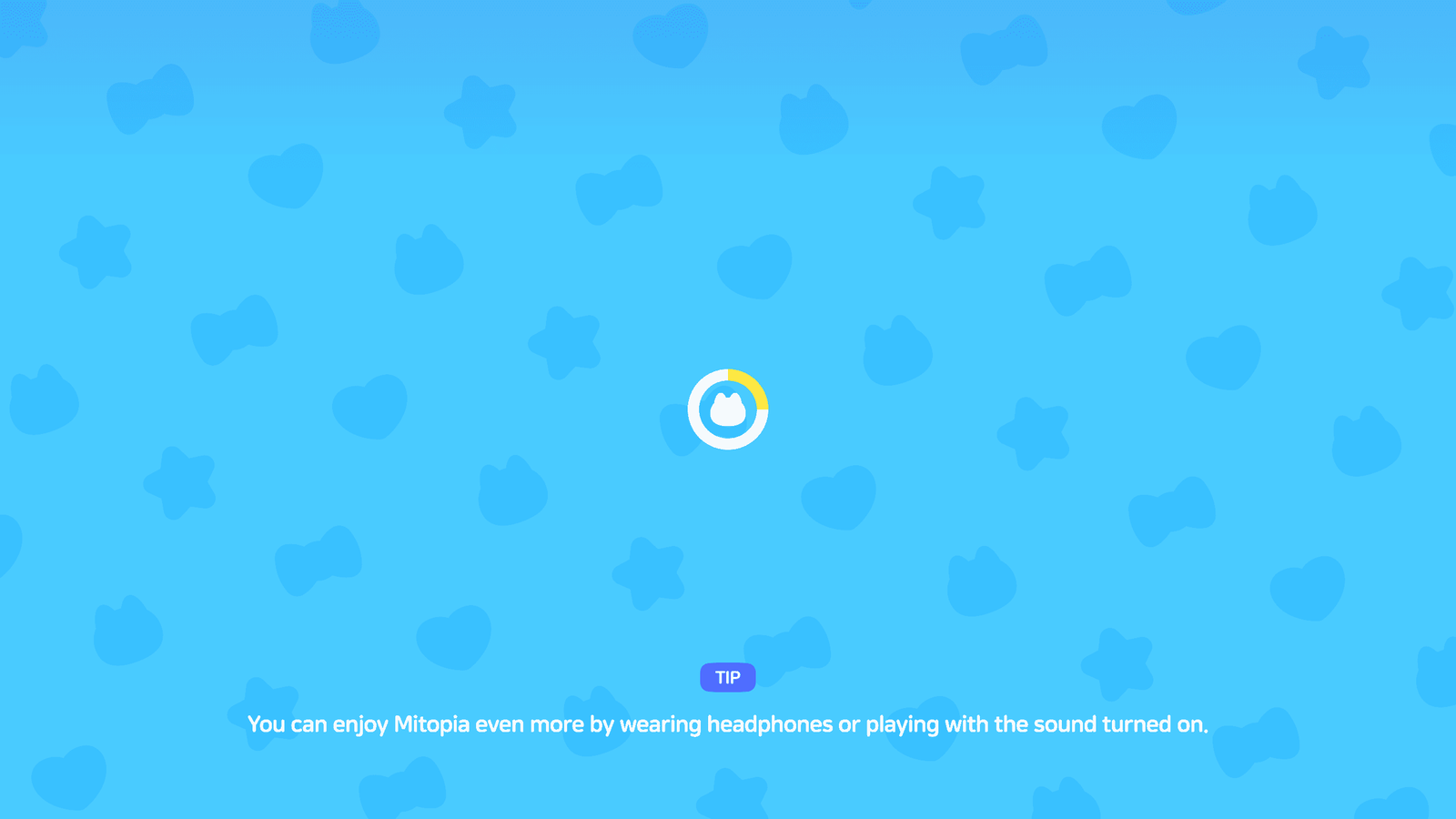 Blue loading screen with heart and star patterns, circular progress icon, and game tip text for casual life simulation game, Layerlab, store.layerlab