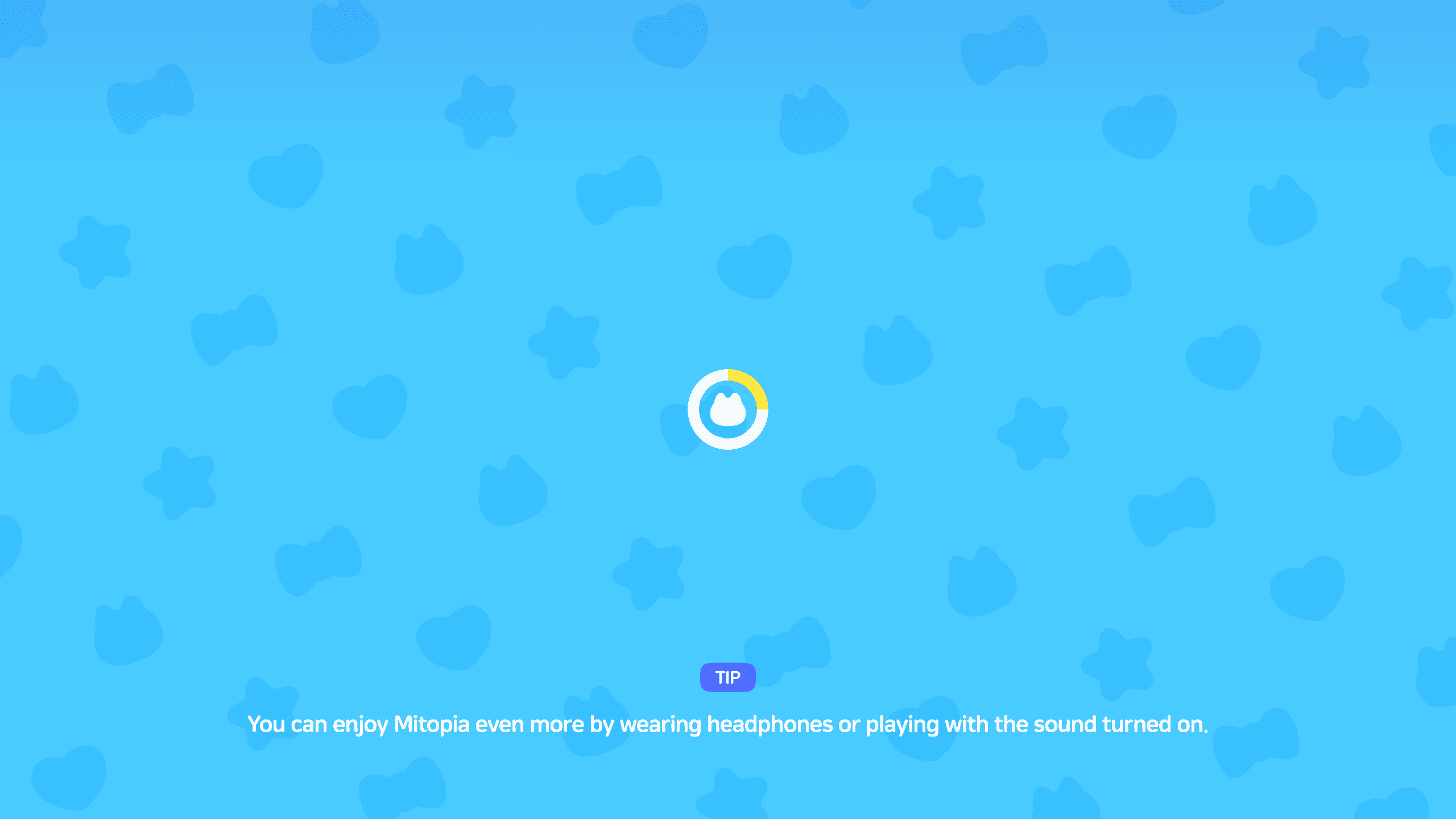 Blue loading screen with heart and star patterns, circular progress icon, and game tip text for casual life simulation game, Layerlab, store.layerlab