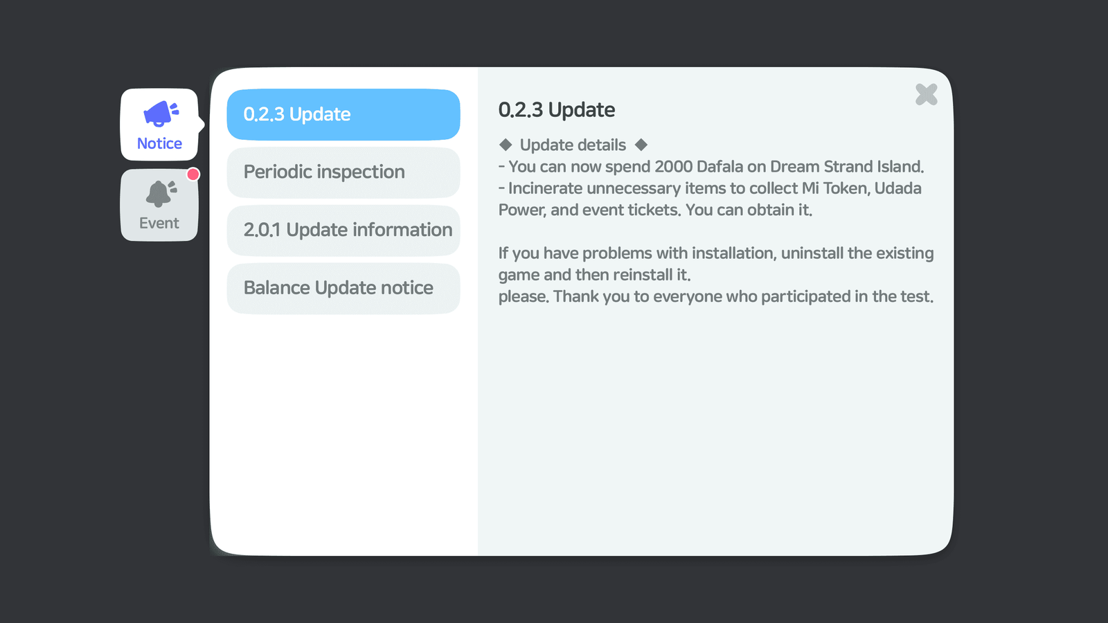 In-game notice window showing update and event tabs for a casual life simulation mobile game interface, Layerlab, store.layerlab