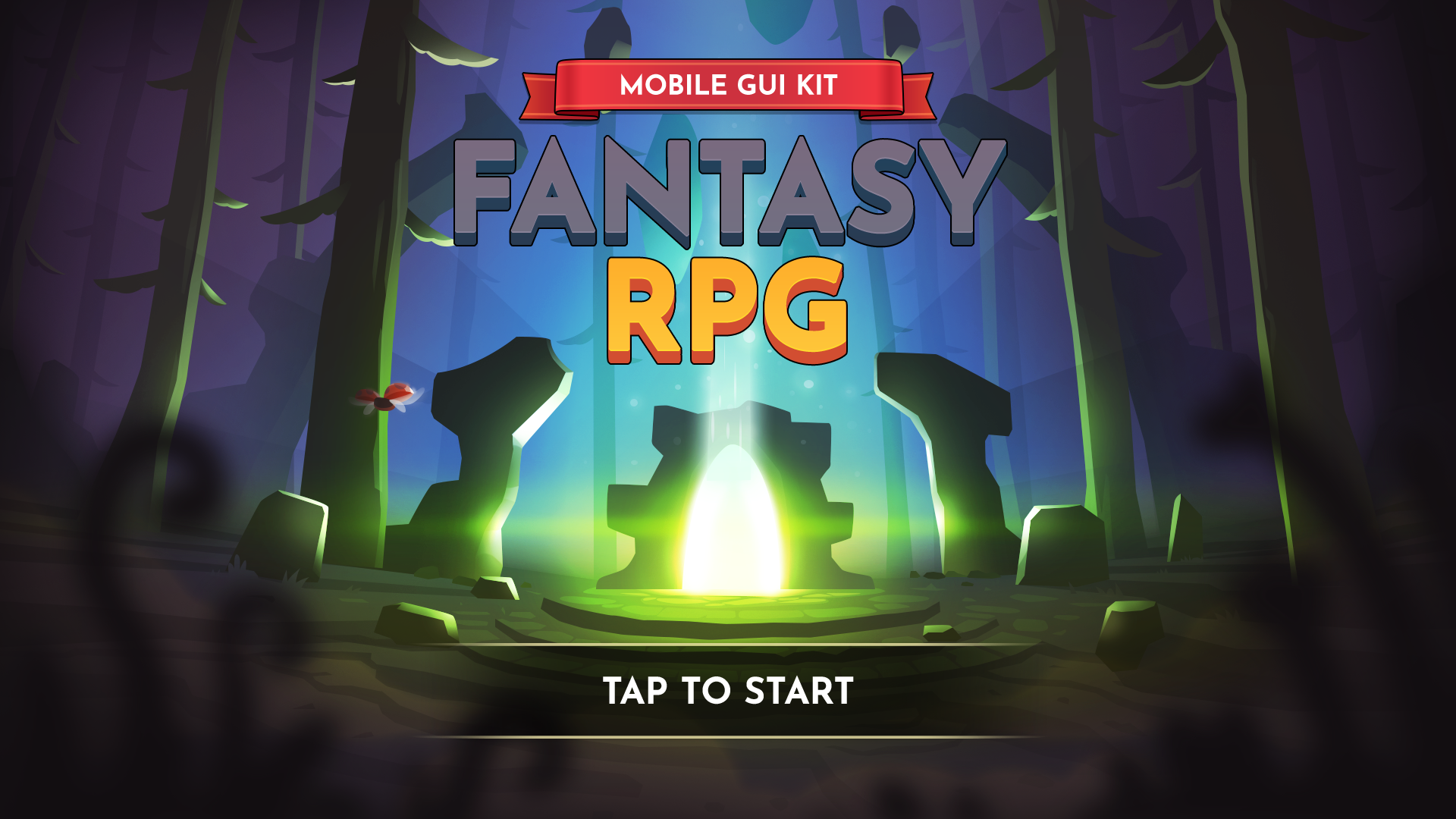 Fantasy RPG mobile game start screen UI with glowing portal and forest background, showcasing title and tap to start button design, Layerlab, store.layerlab