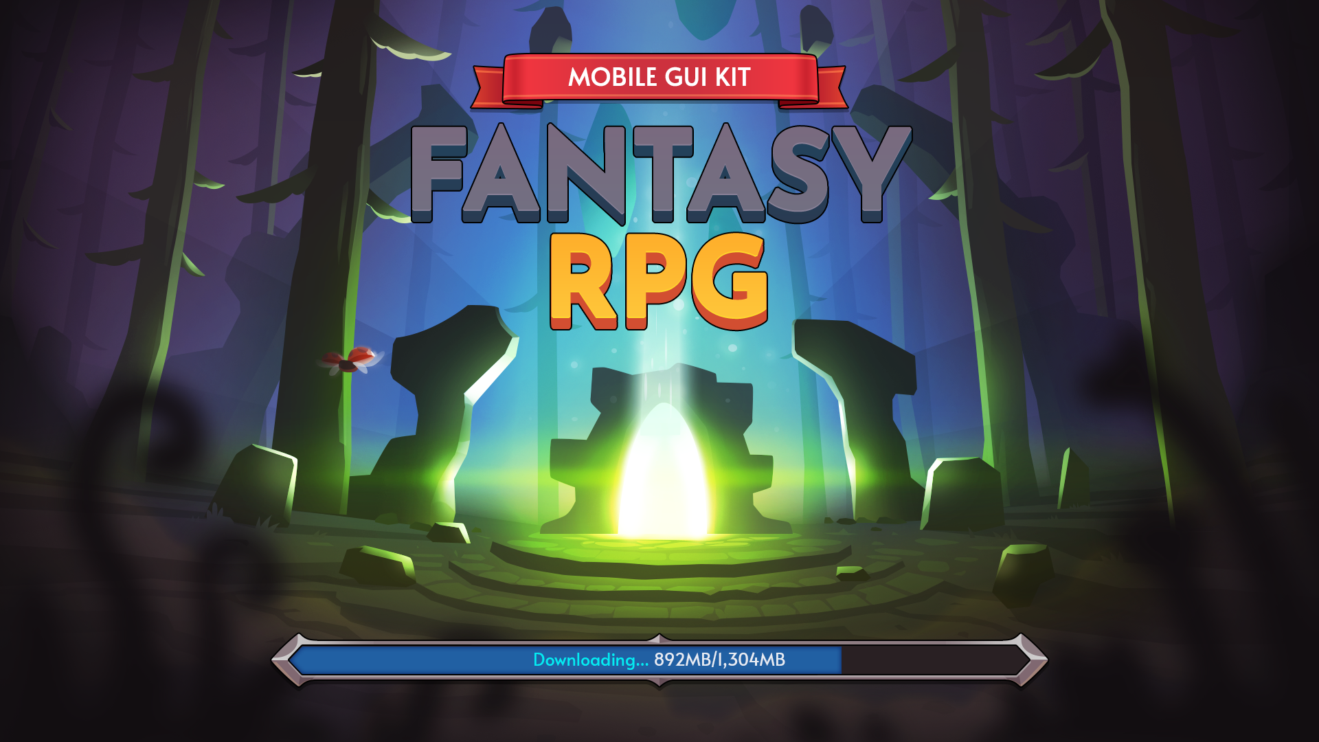 Fantasy RPG mobile game start screen UI with glowing portal and forest background, showcasing title and tap to start button design, Layerlab, store.layerlab