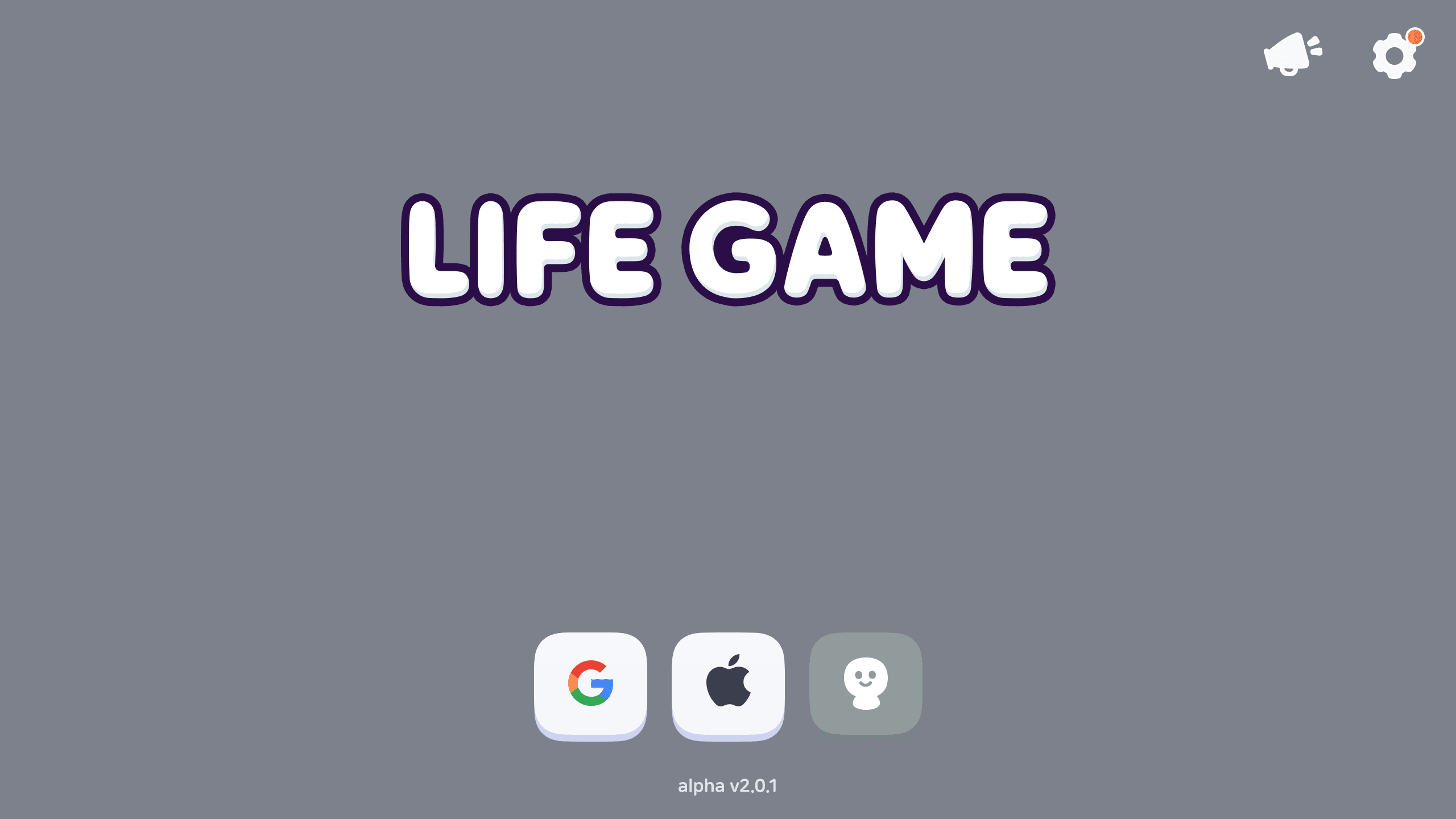 Login screen for Life Game with Google and Apple login buttons, minimal gray background UI, Layerlab, store.layerlab
