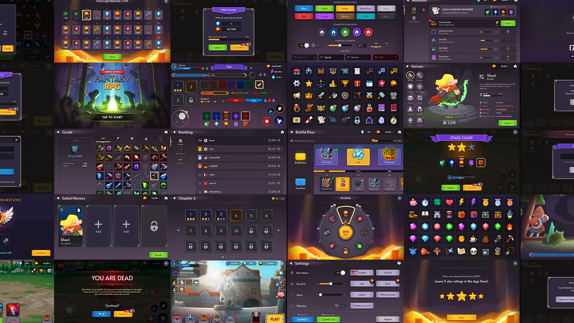 Fantasy RPG mobile game full UI preview including inventory, character, mission, battle pass, ranking, and main menu screens for Unity and Unreal development, Layerlab, store.layerlab