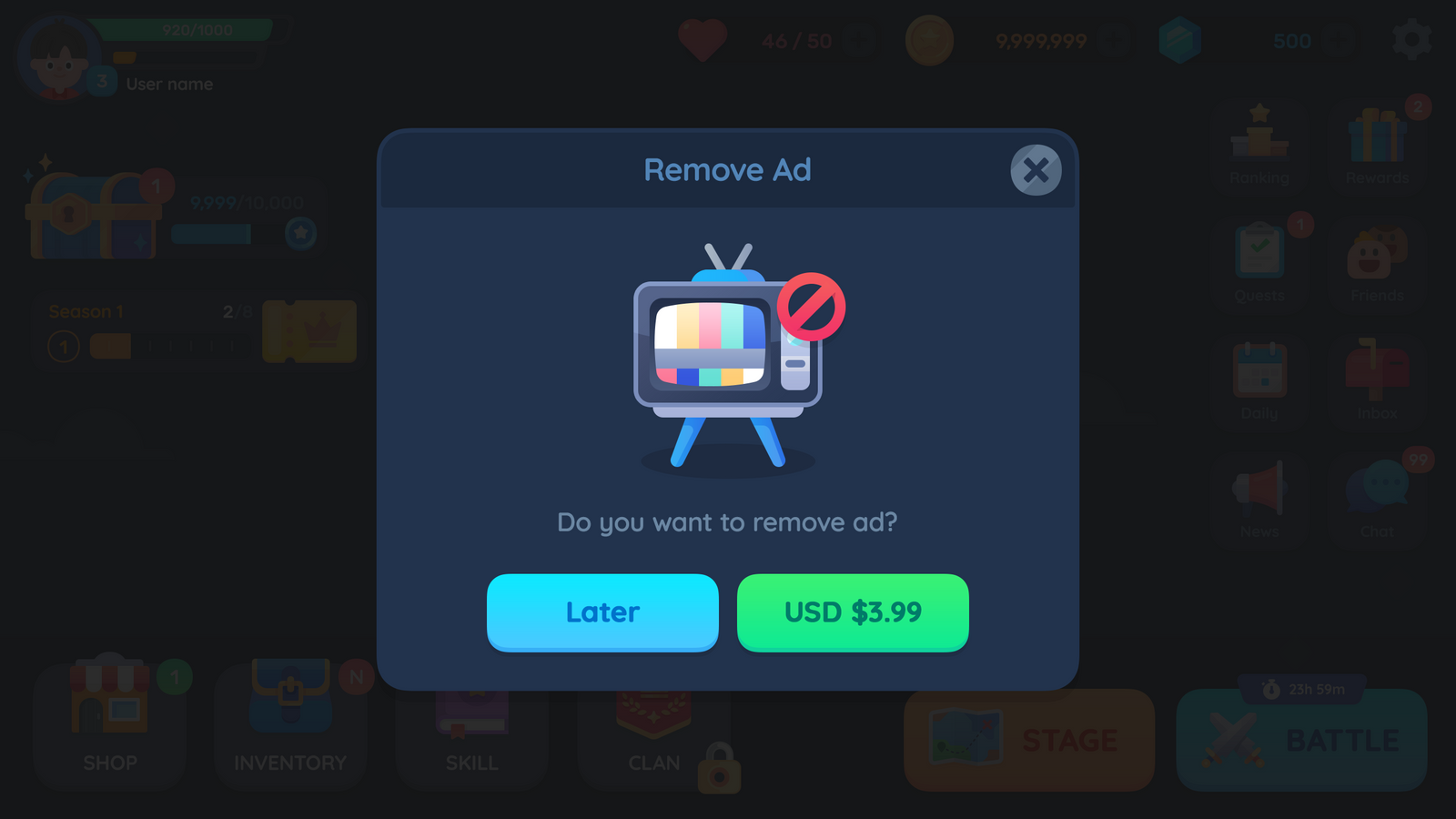 GUI Pro casual interface popup window with remove ad option by LAYERLAB Shop, featuring clean design and simple layout.