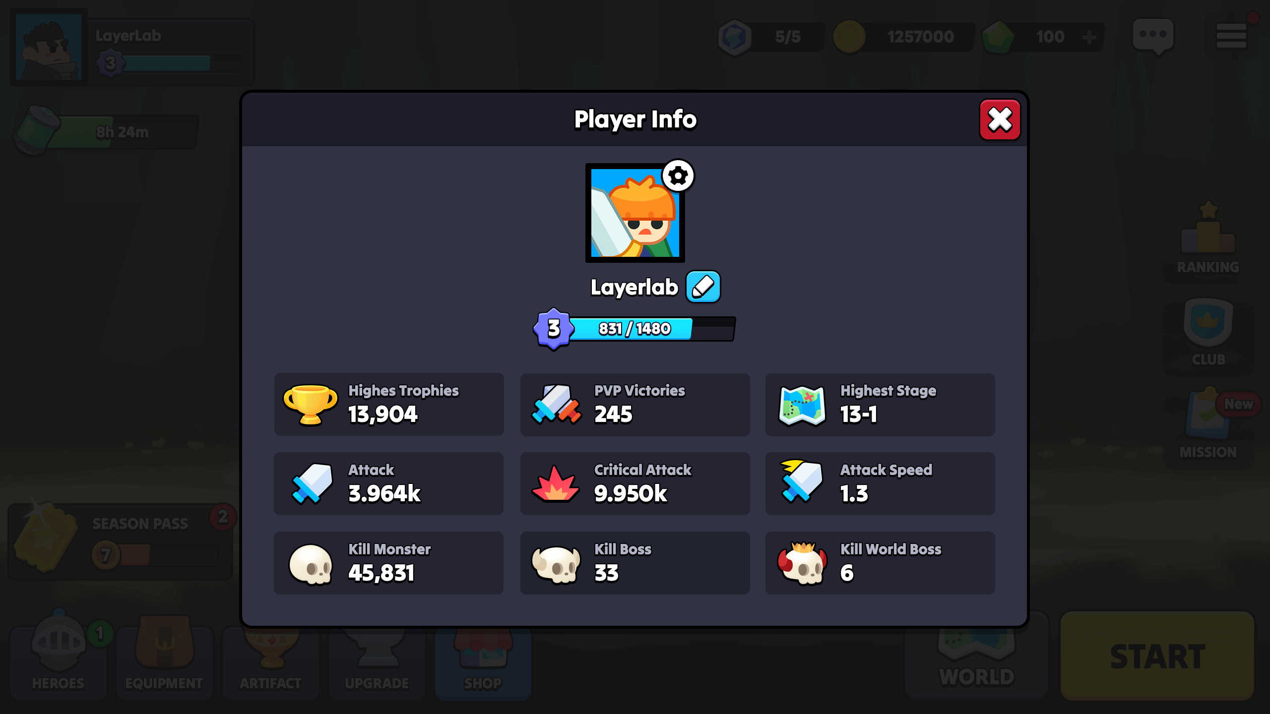 Player profile and statistics popup UI showing trophies, PVP victories, attack, and boss kills in a colorful casual RPG interface, Layerlab, store.layerlab