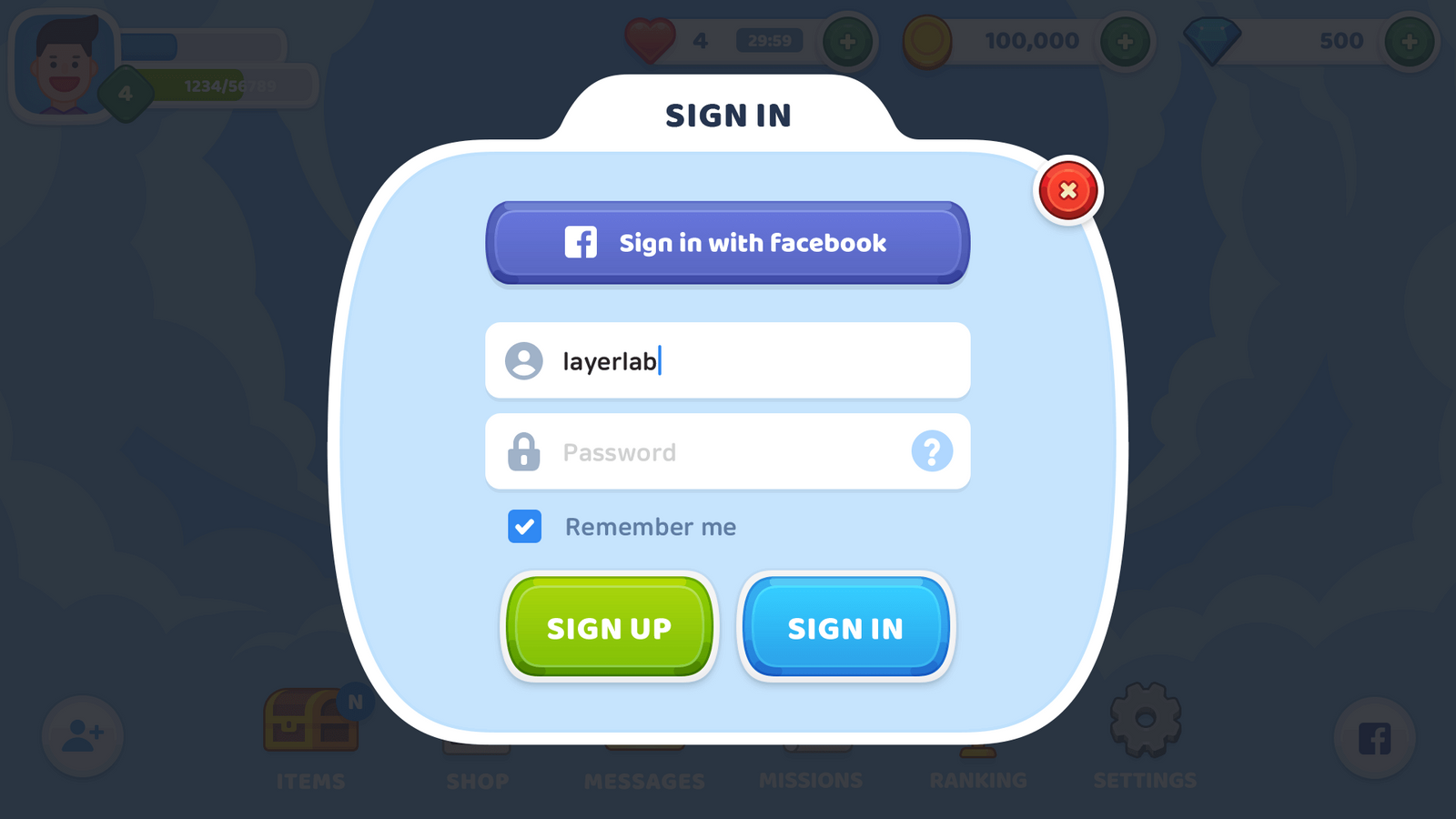 BlueSky interface login screen by LAYERLAB Shop showing a sleek 3D blue and white user login interface design.