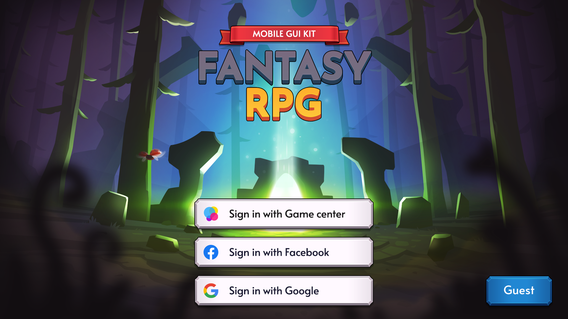 Fantasy RPG mobile game start screen UI with glowing portal and forest background, showcasing title and tap to start button design, Layerlab, store.layerlab