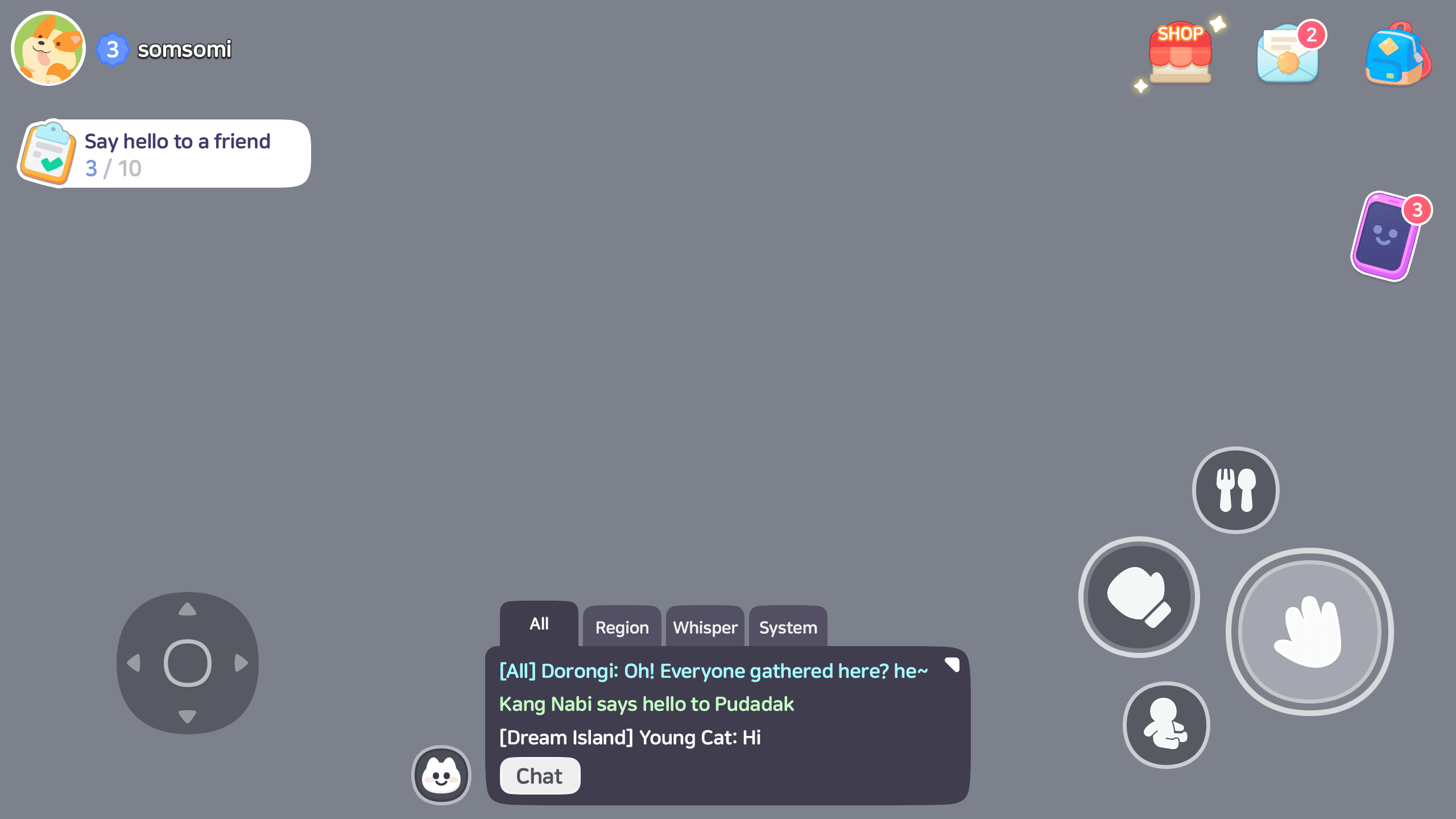 Gameplay UI showing chat window, quest, and control buttons for casual life simulation game, Layerlab, store.layerlab