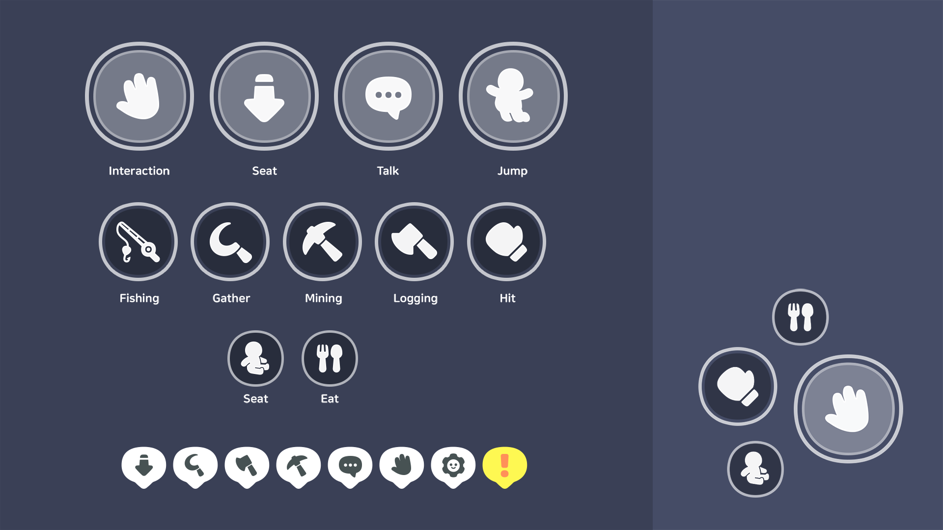 Action button icons for life simulation game including interaction, fishing, mining, gathering, and eating, Layerlab, store.layerlab