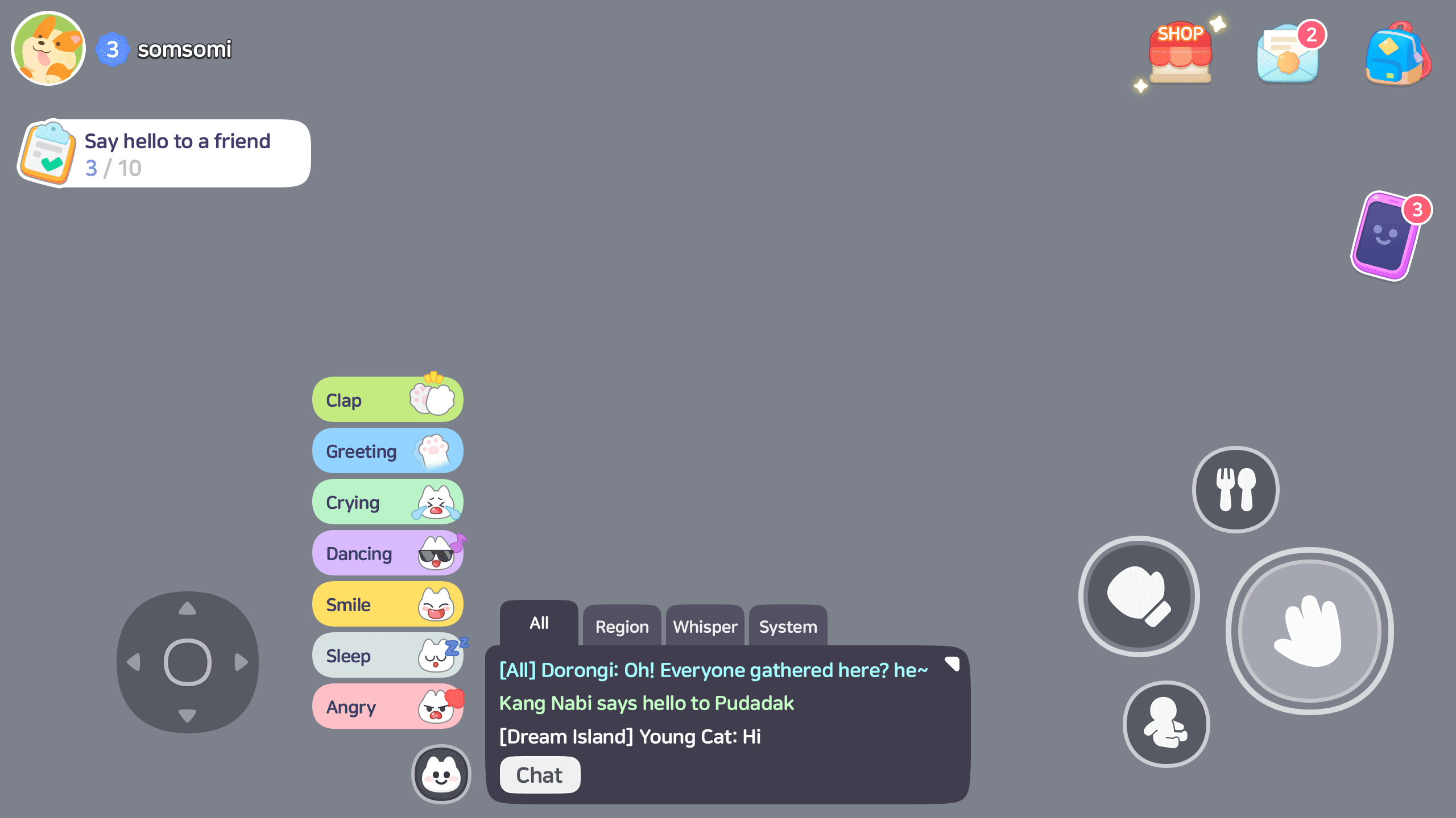 In-game chat interface with emoji and gesture menu including clap, greeting, dancing, and angry expressions. Layerlab, store.layerlab