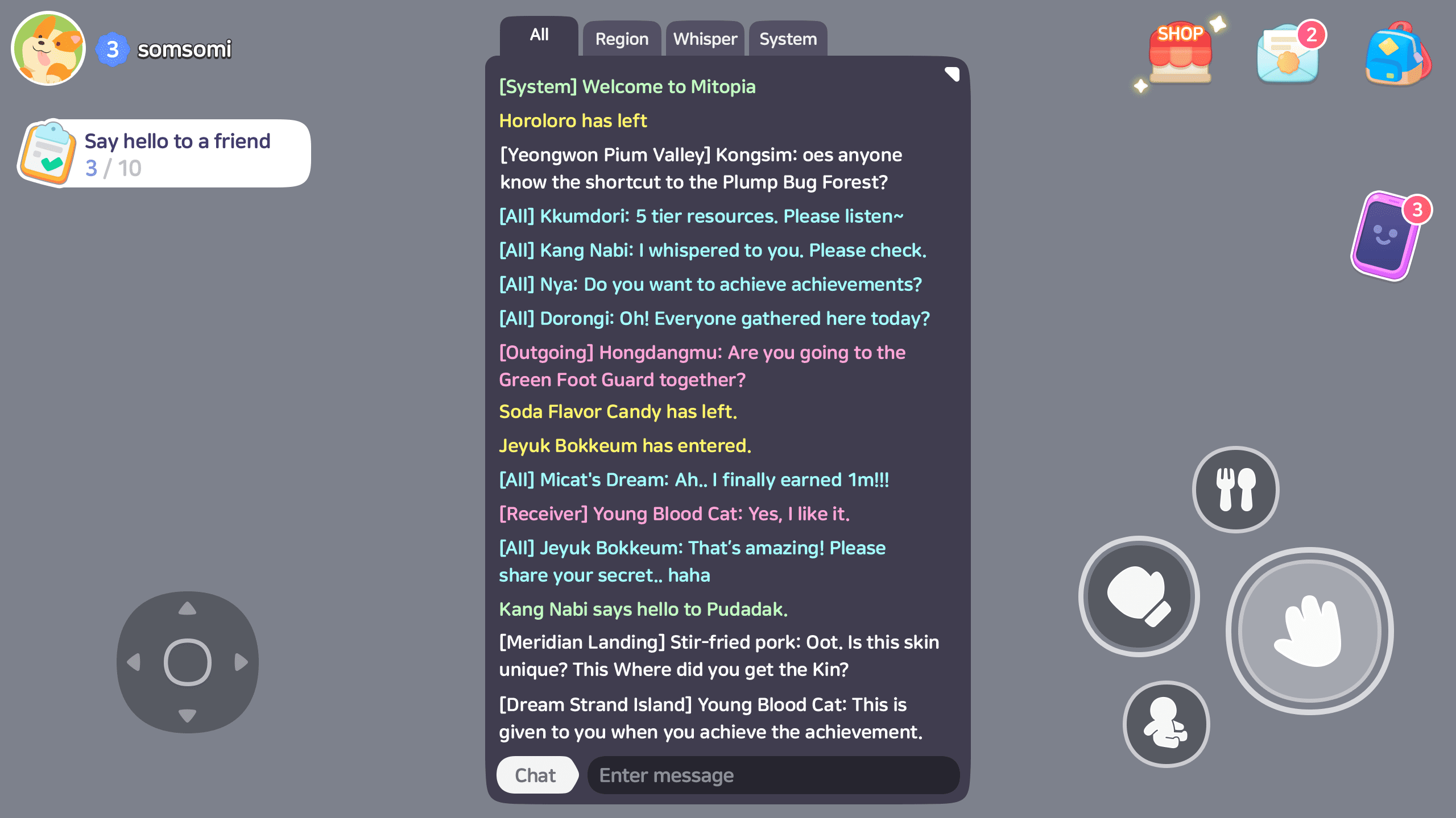 Full chat window with colorful text channels and player messages in casual life simulation game interface. Layerlab, store.layerlab