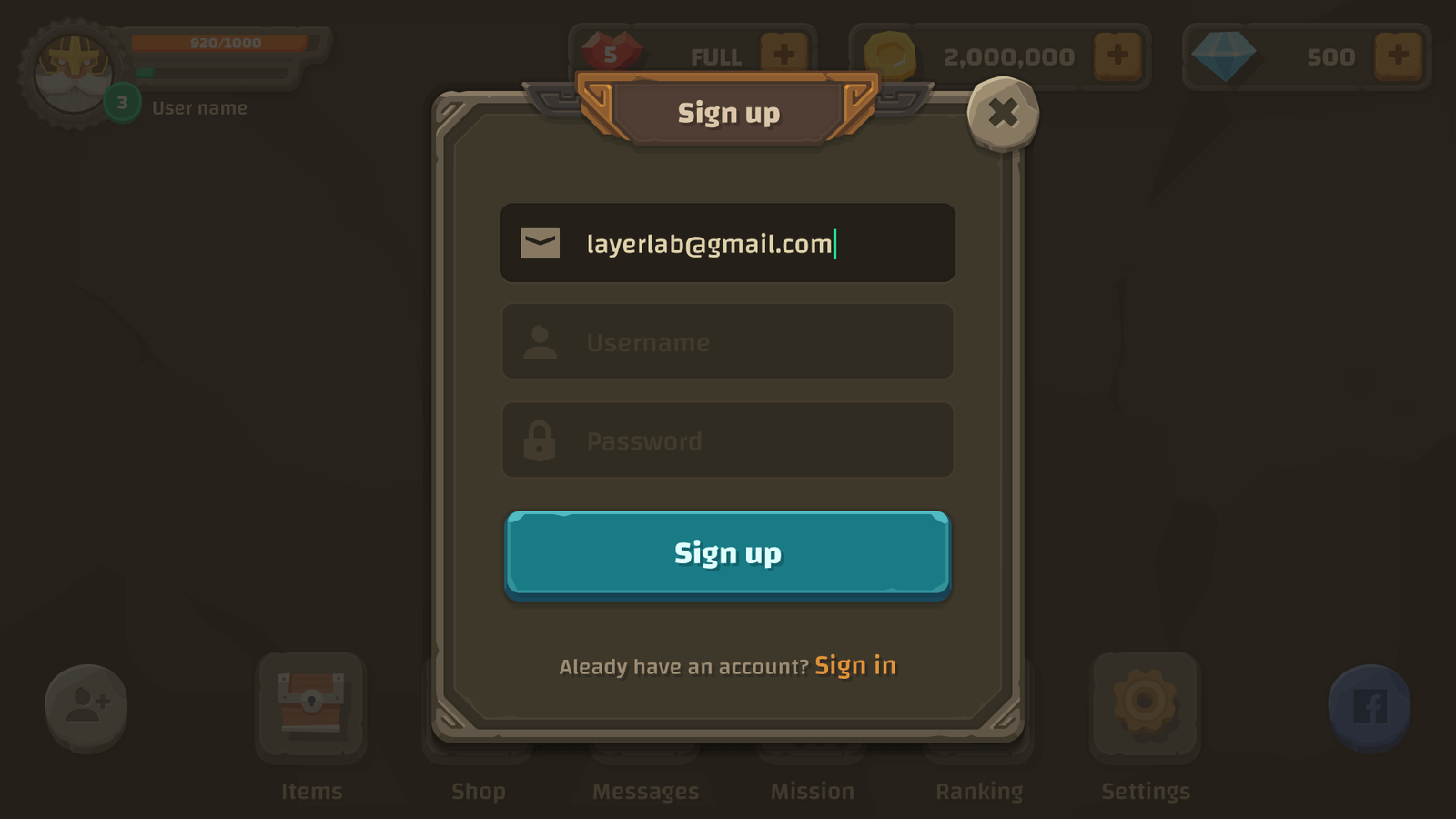 Interface signup screen for GUI - The Stone by LAYERLAB Shop, showing input fields and branding elements.