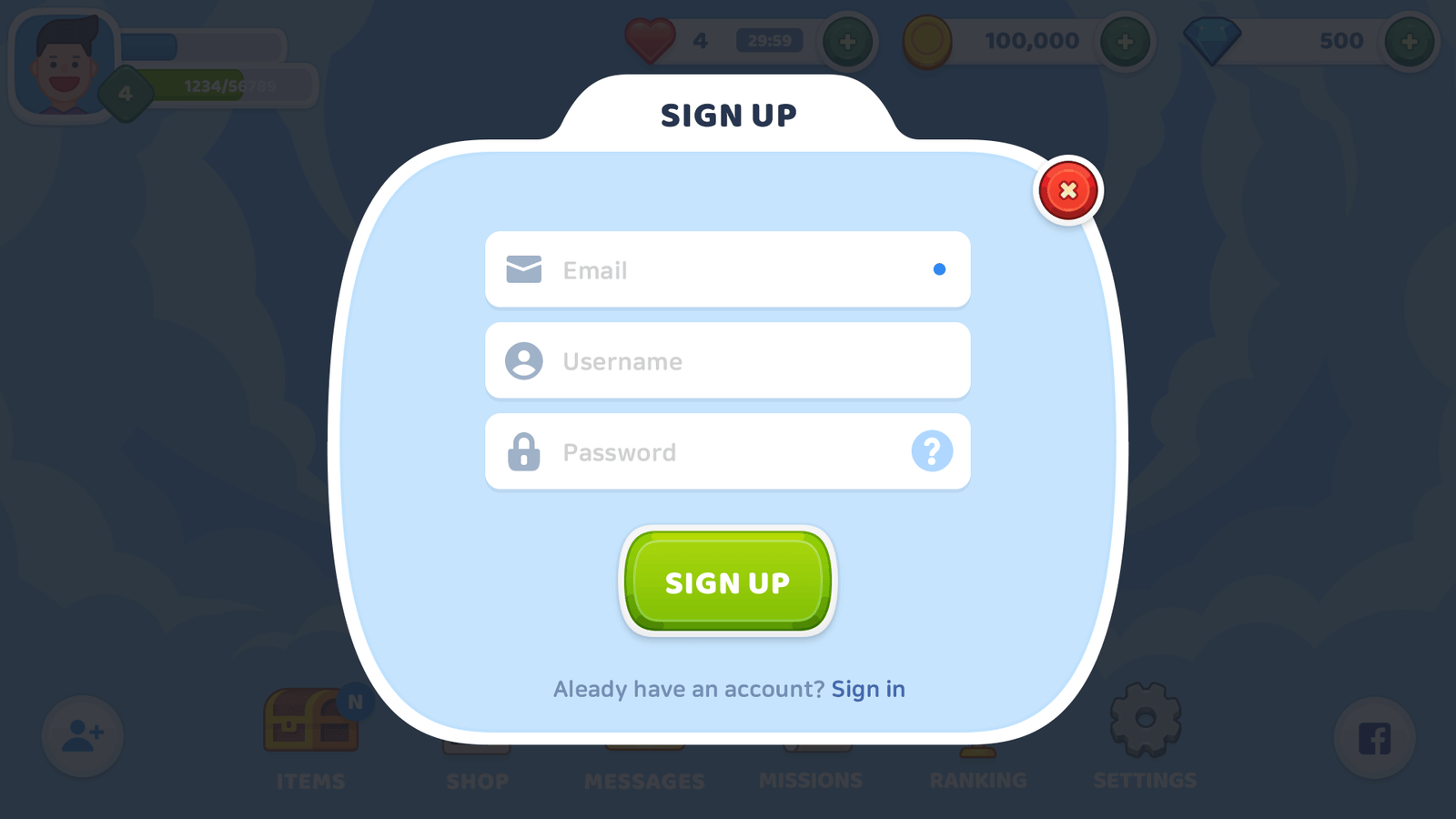 BlueSky interface sign-up screen by LAYERLAB Shop, featuring user registration form and blue-themed design elements.