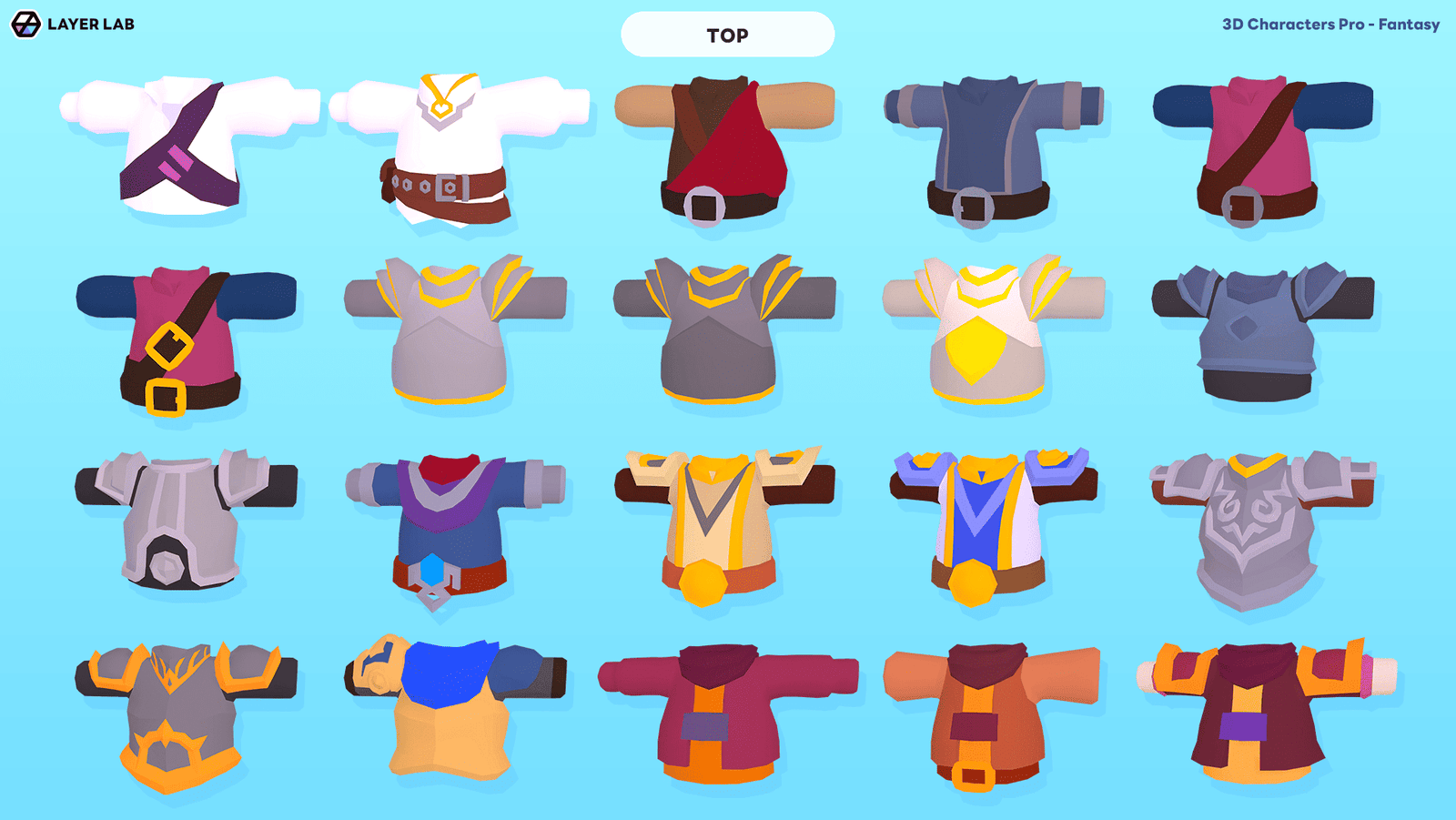 3D fantasy character model from LAYERLAB Shop's 3D Characters Pro series, detailed and colorful top view image.
