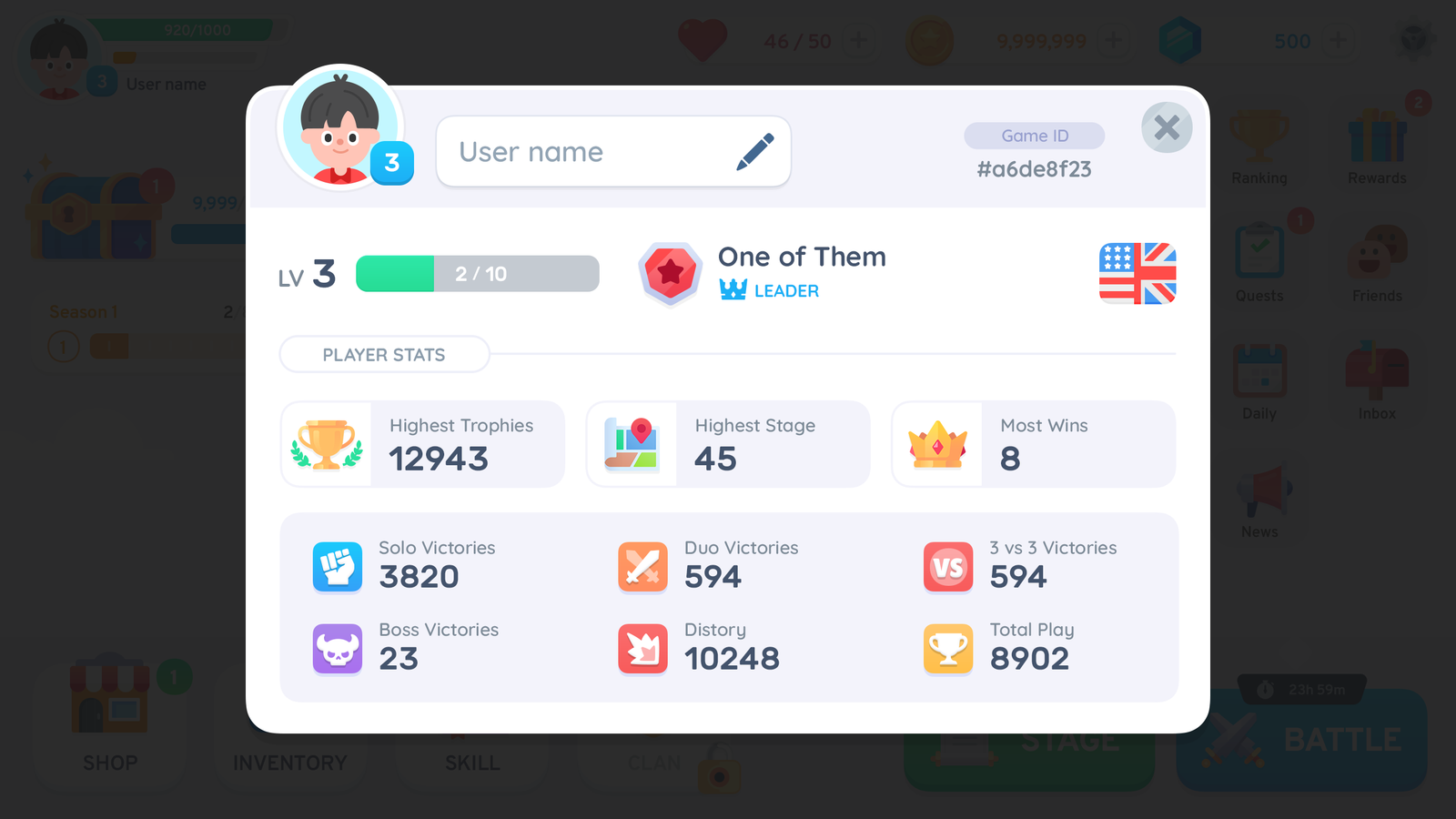 Simple casual GUI interface from LAYERLAB Shop showing a lobby pop-up with user info and profile options.