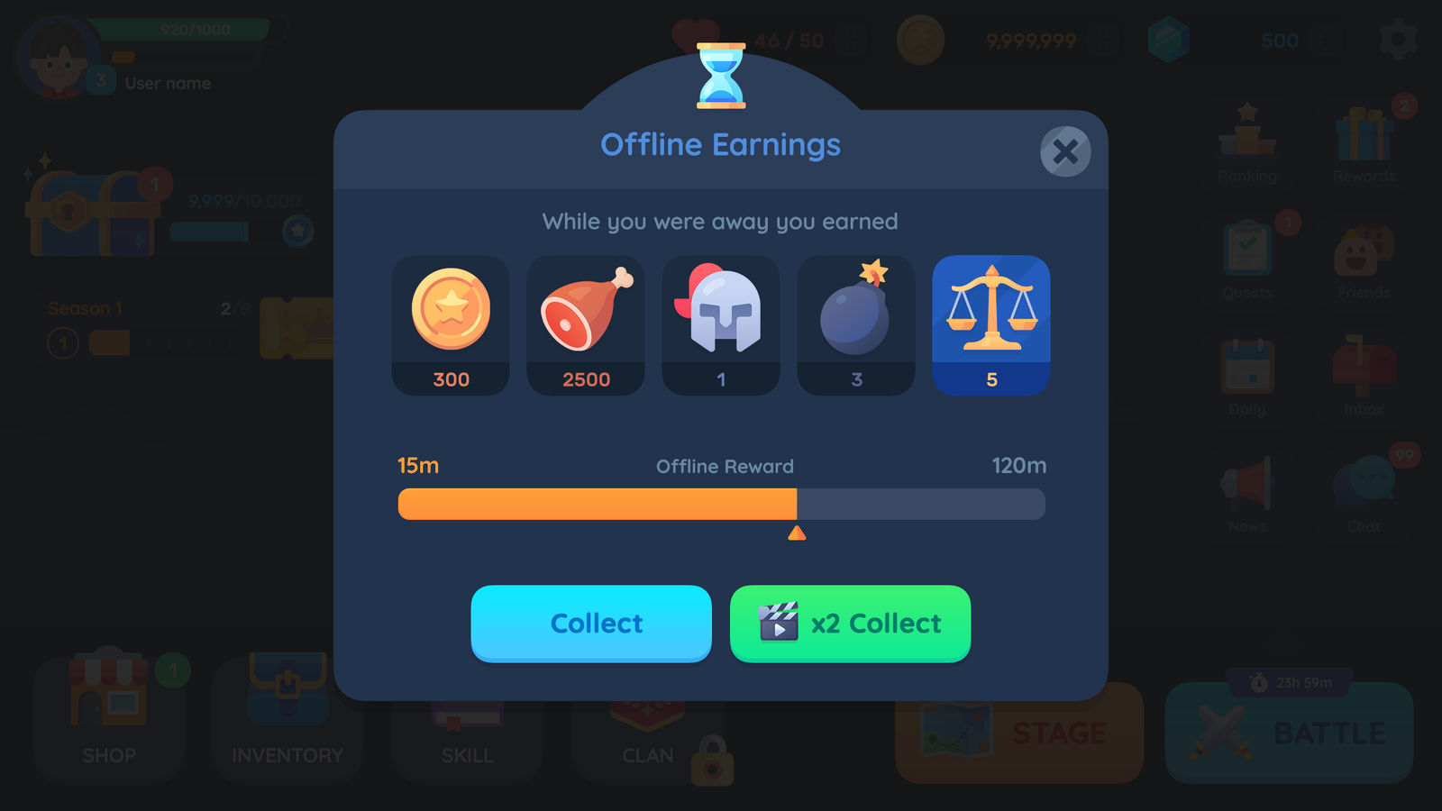 Simple casual GUI interface by LAYERLAB Shop showing offline reward screen with clean design and user-friendly layout.