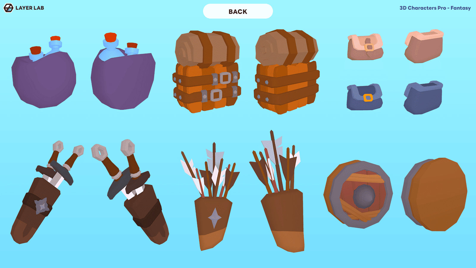3D fantasy character model from LAYERLAB Shop, showing the back view of a detailed 3D character in a fantasy setting.