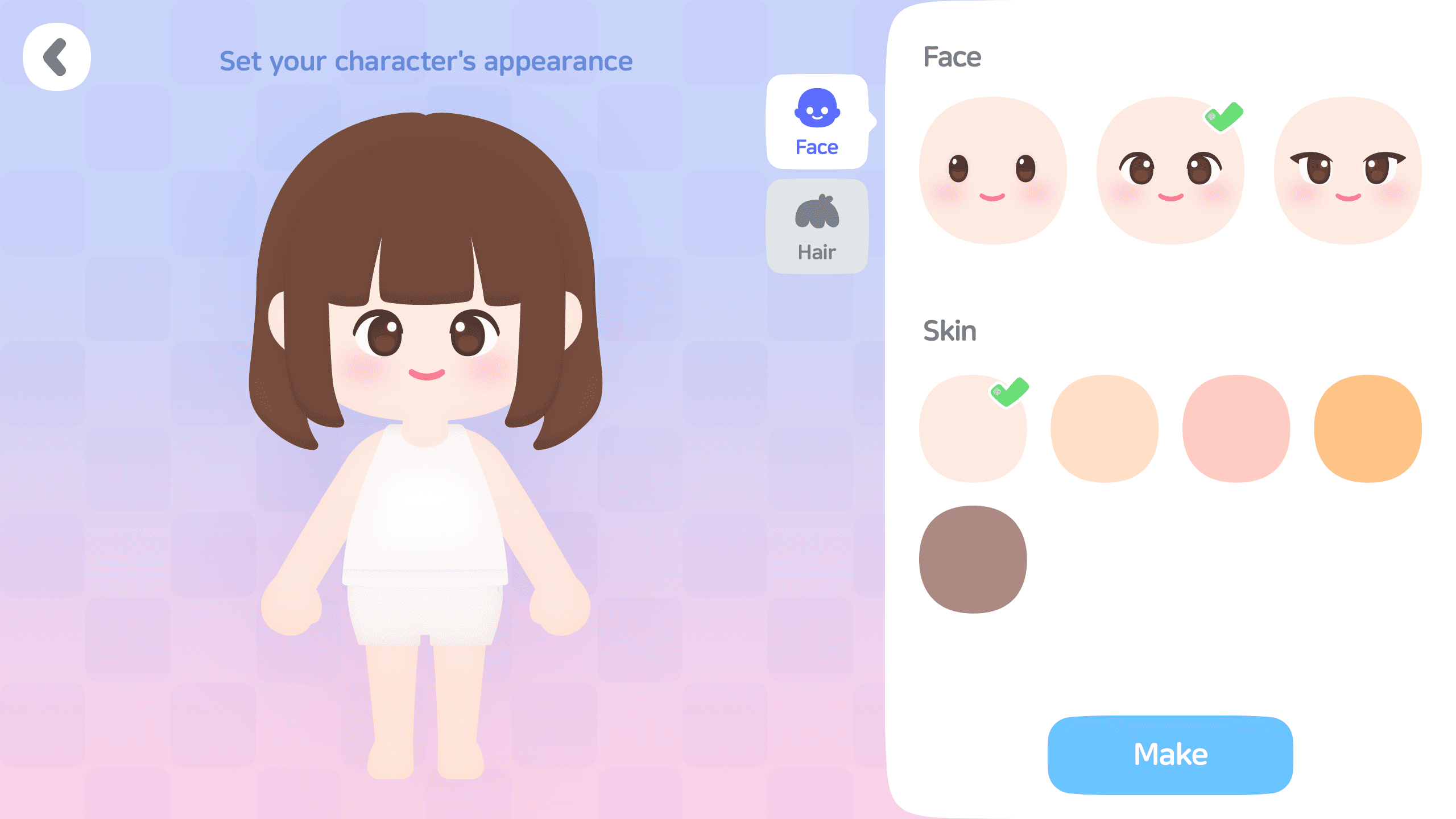 Character creation screen showing face and skin tone selection for avatar customization. Layerlab, store.layerlab