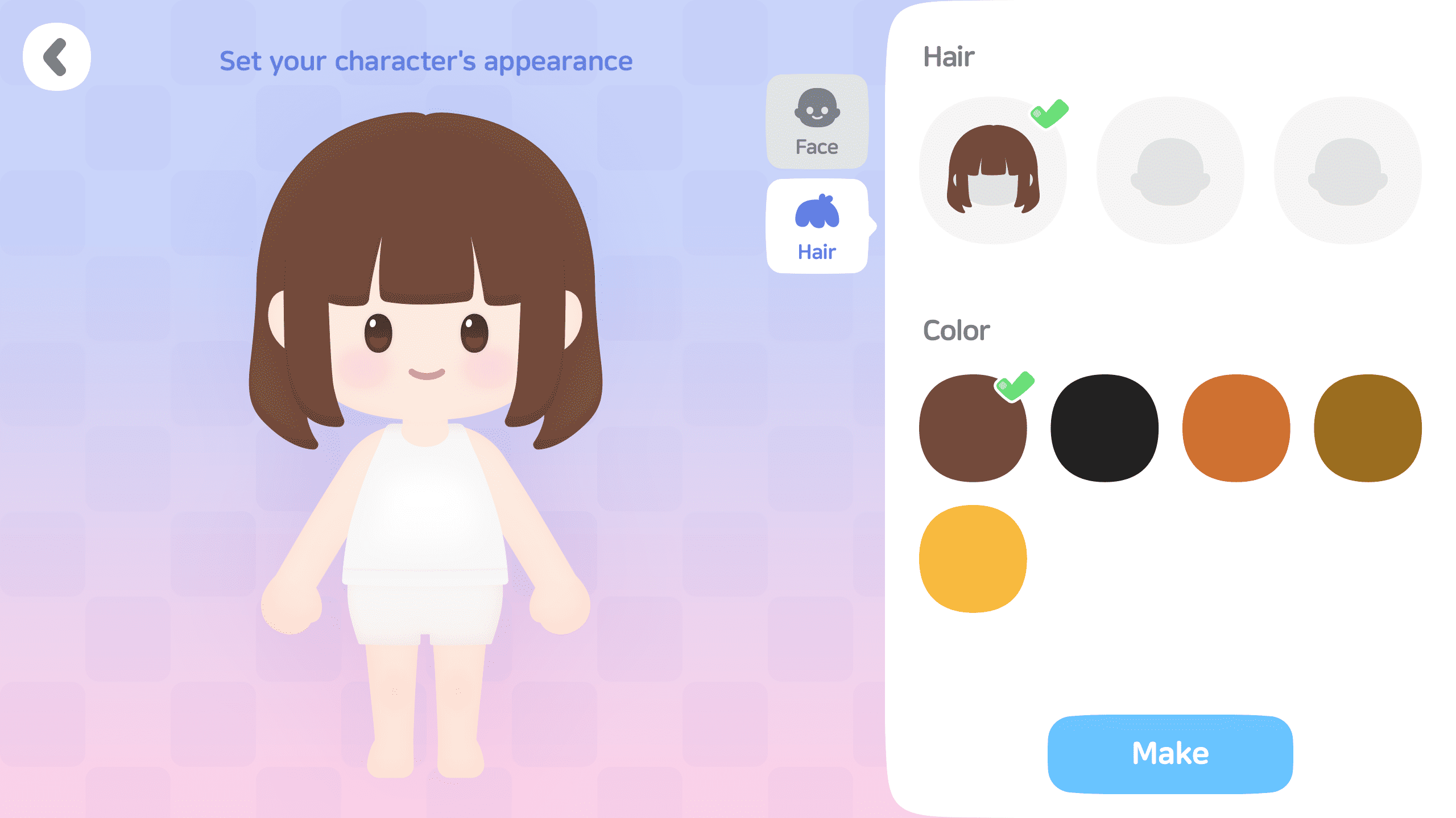Character creation screen showing hairstyle and hair color selection for avatar customization. Layerlab, store.layerlab