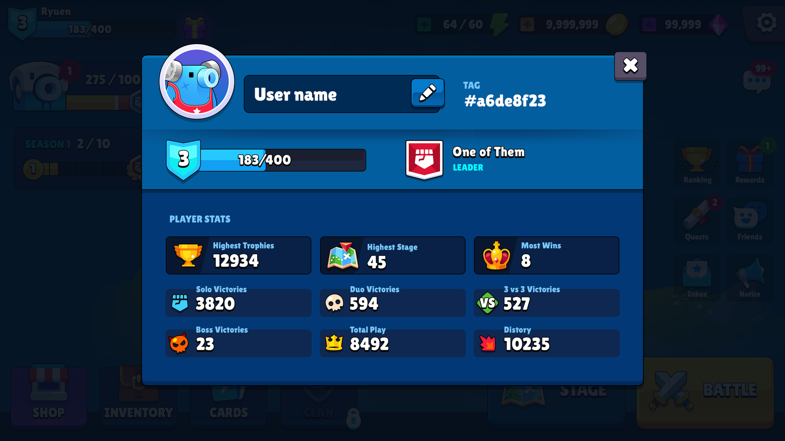 GUI Pro casual game lobby interface showing user info and navigation elements in a clean, modern design by 내 스토어.