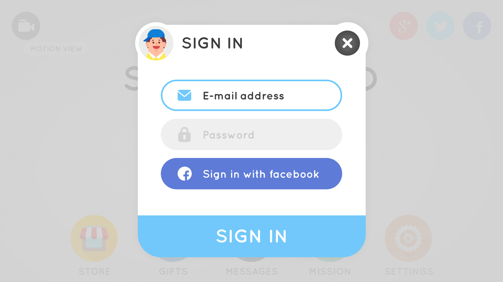 LayerLab Shop GUI simple round interface login screen showing a clean, modern login form with rounded design elements.