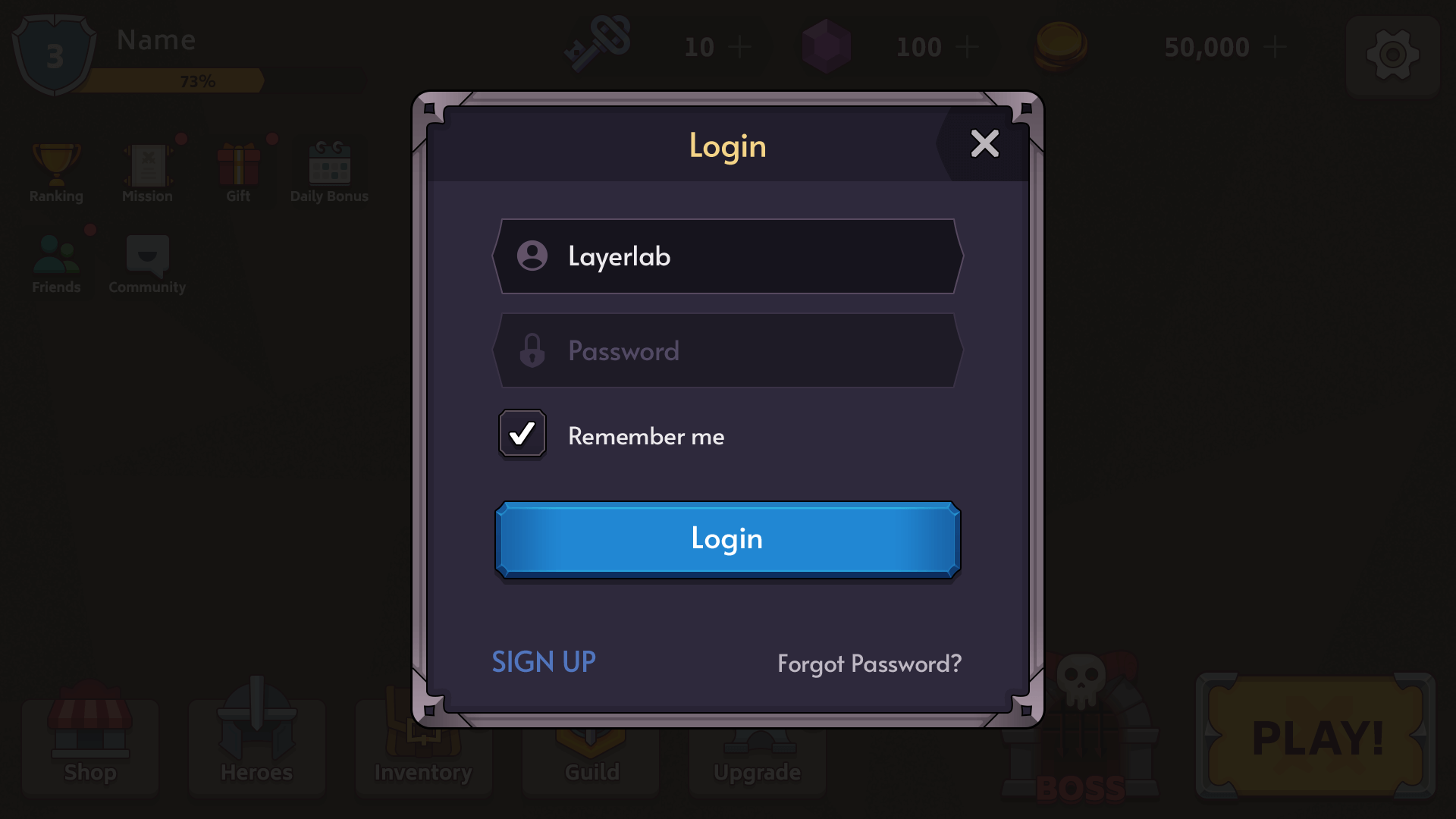 Fantasy RPG mobile game login popup UI with username and password fields, blue login button, and sign up or forgot password options, Layerlab, store.layerlab