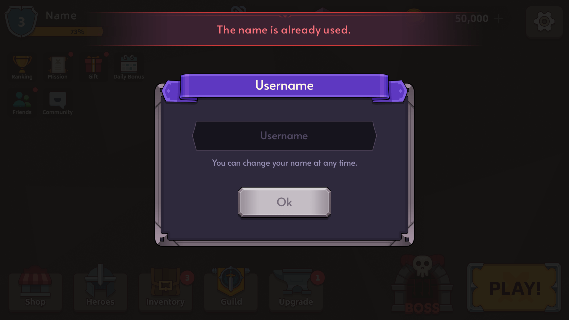 Fantasy RPG mobile game username popup UI with input field, name already used warning message, and confirmation button, Layerlab, store.layerlab