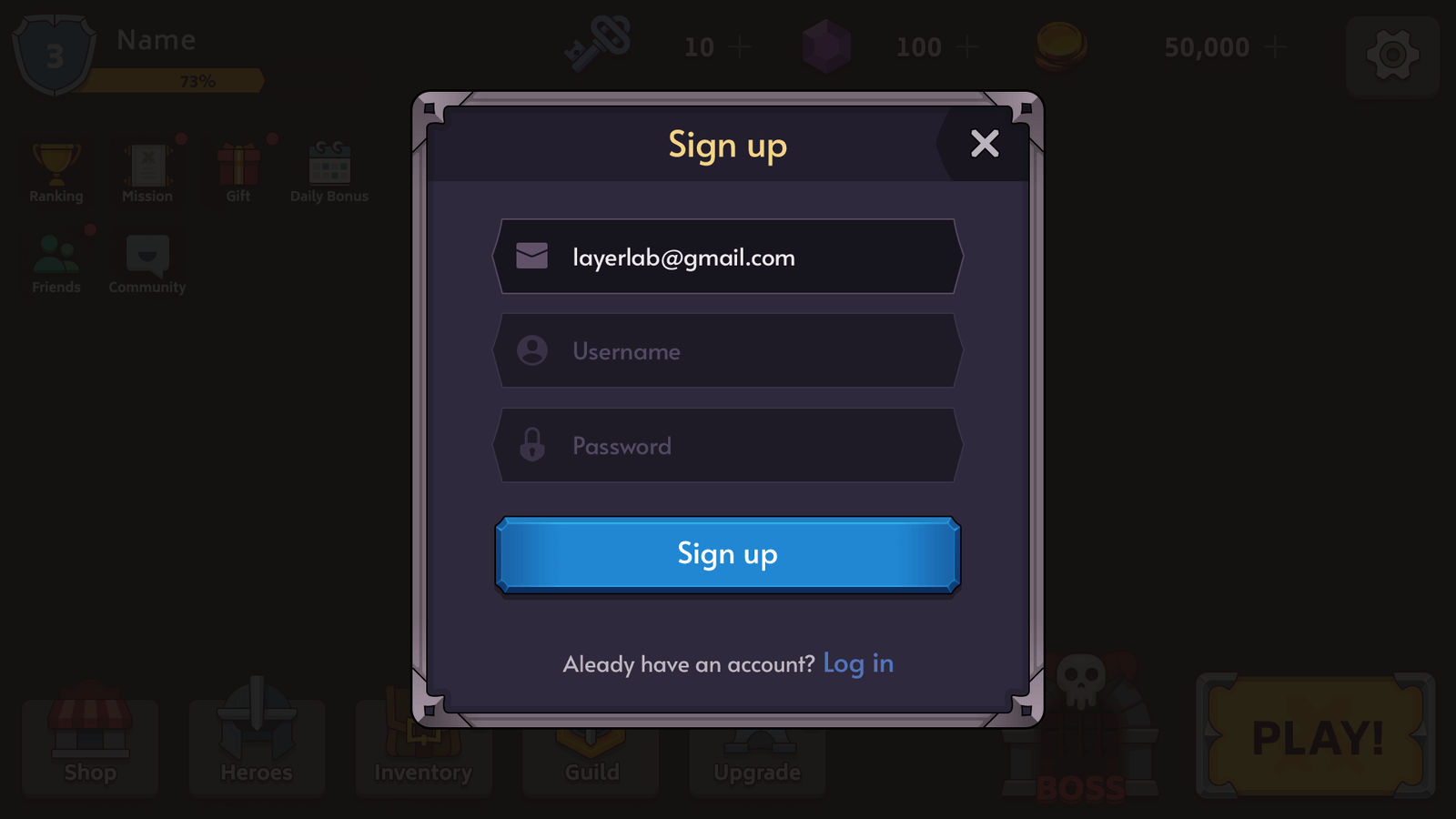 Fantasy RPG mobile game login popup UI with username and password fields, blue login button, and sign up or forgot password options, Layerlab, store.layerlab