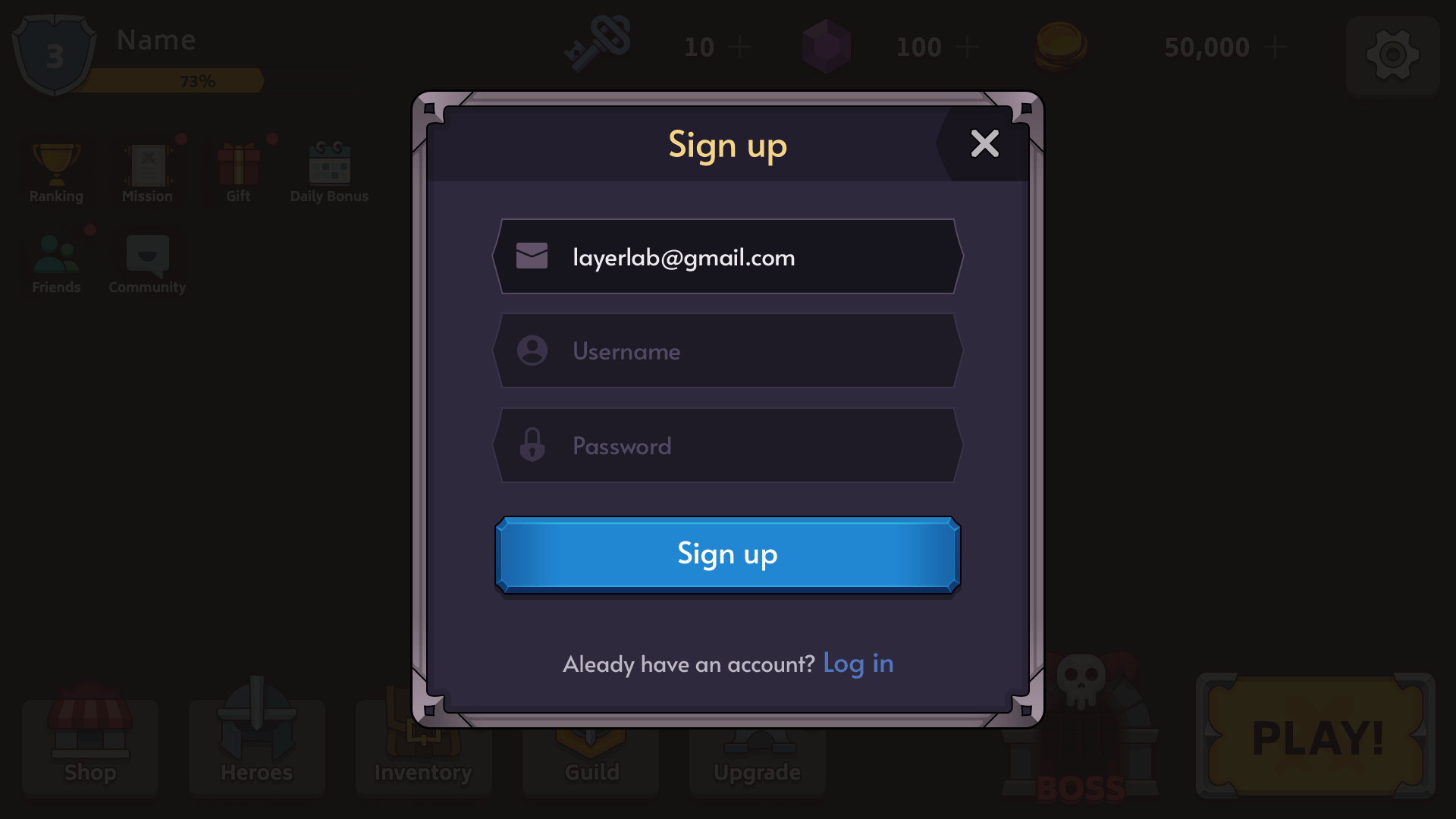 Fantasy RPG mobile game login popup UI with username and password fields, blue login button, and sign up or forgot password options, Layerlab, store.layerlab