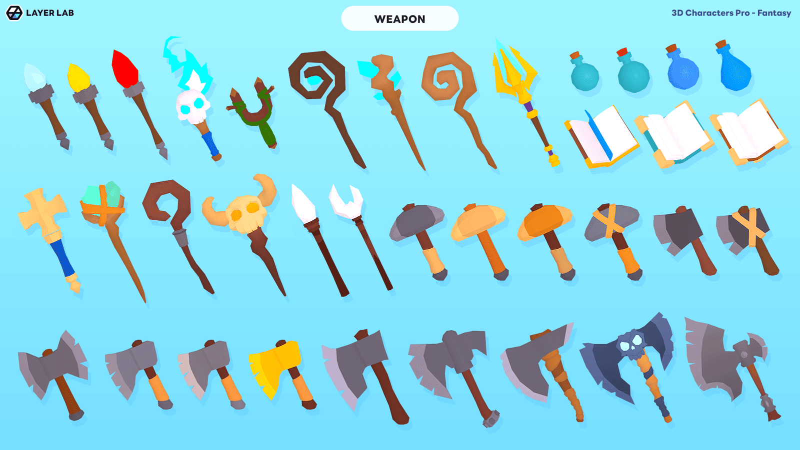 3D fantasy character model holding a weapon, part of LAYERLAB Shop's 3D Characters Pro collection.