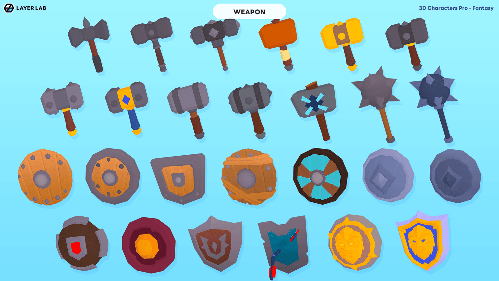 3D fantasy character with detailed armor and weapon from LAYERLAB Shop's 3D Characters Pro collection, shown holding a sword.