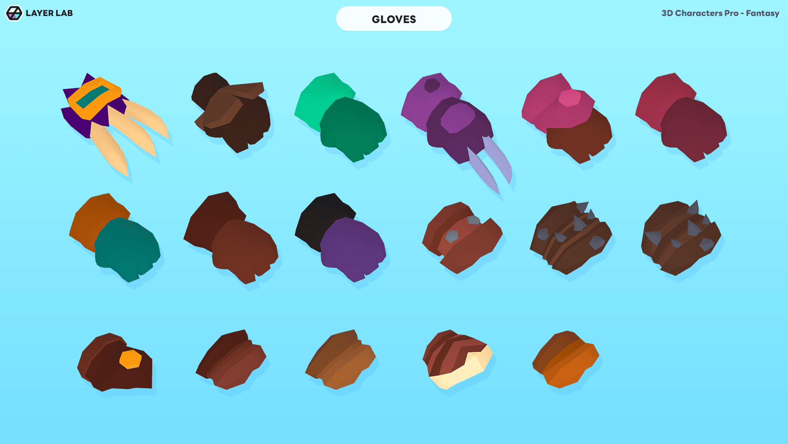 Detailed 3D fantasy character model wearing gloves, part of the LAYERLAB Shop 3D Characters Pro collection.