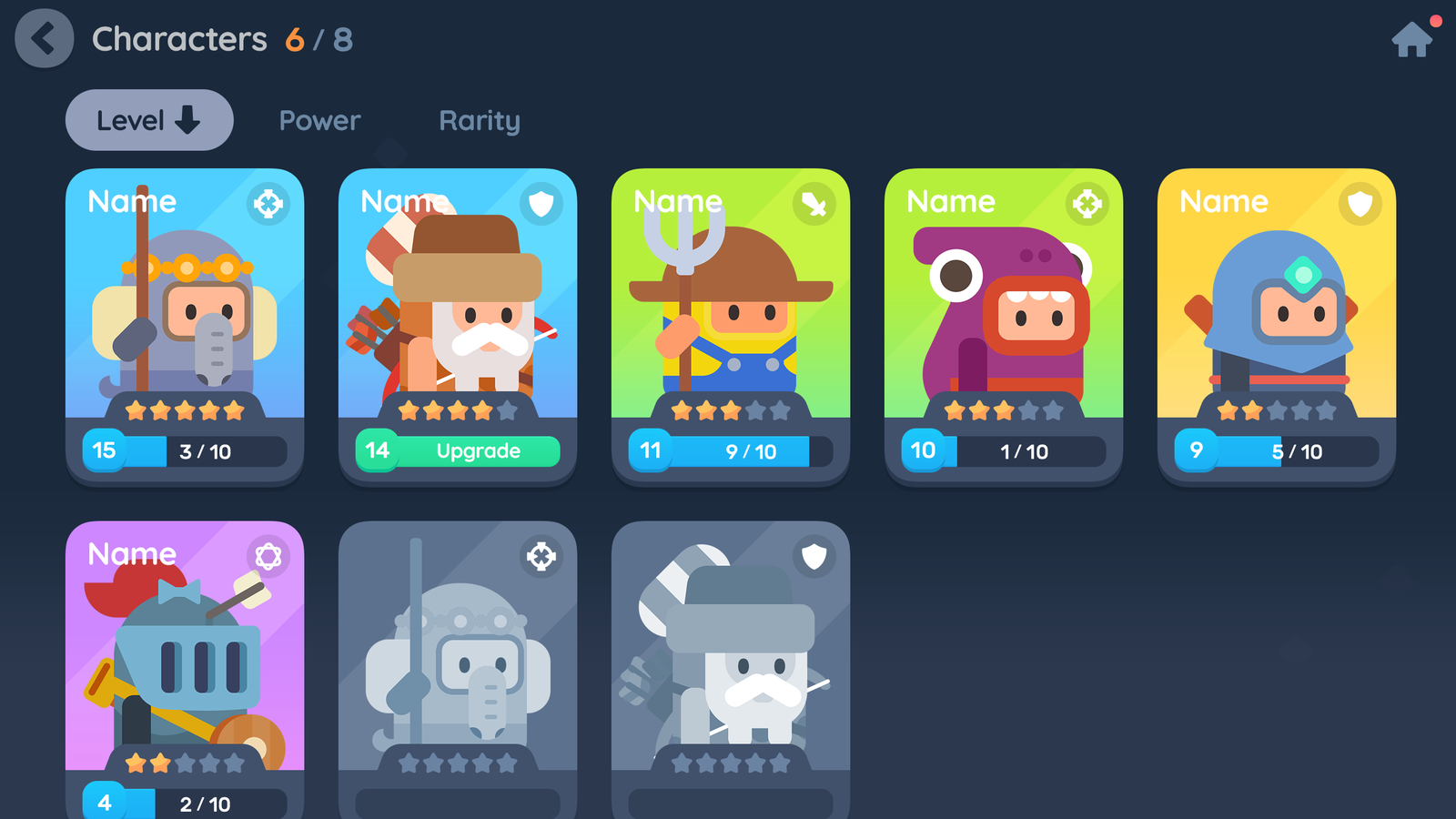 LayerLab Shop GUI Pro simple casual interface character list screen with various character icons and design elements.