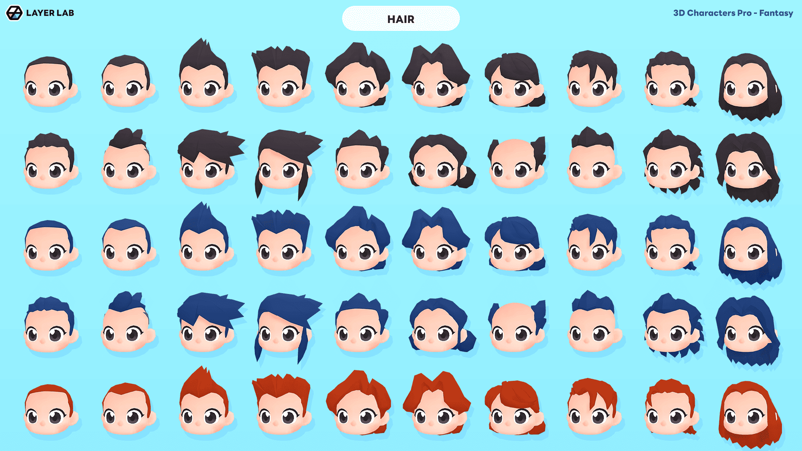 3D fantasy character with detailed hair, part of LAYERLAB Shop's 3D Characters Pro collection.
