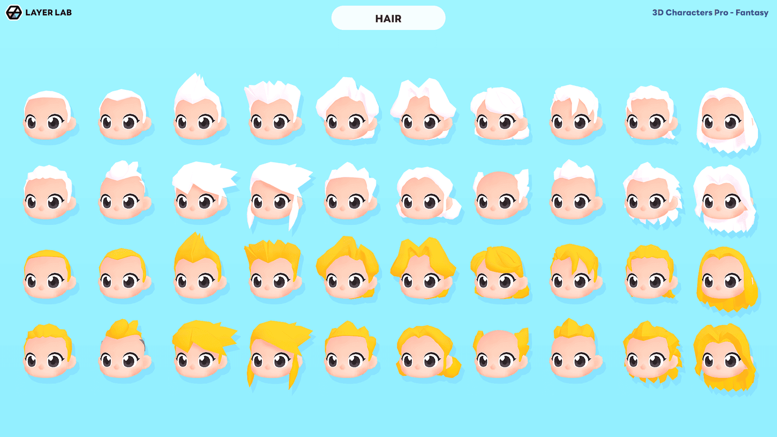 3D fantasy character with detailed hair model from LAYERLAB Shop's 3D Characters Pro collection, showing intricate hairstyle.