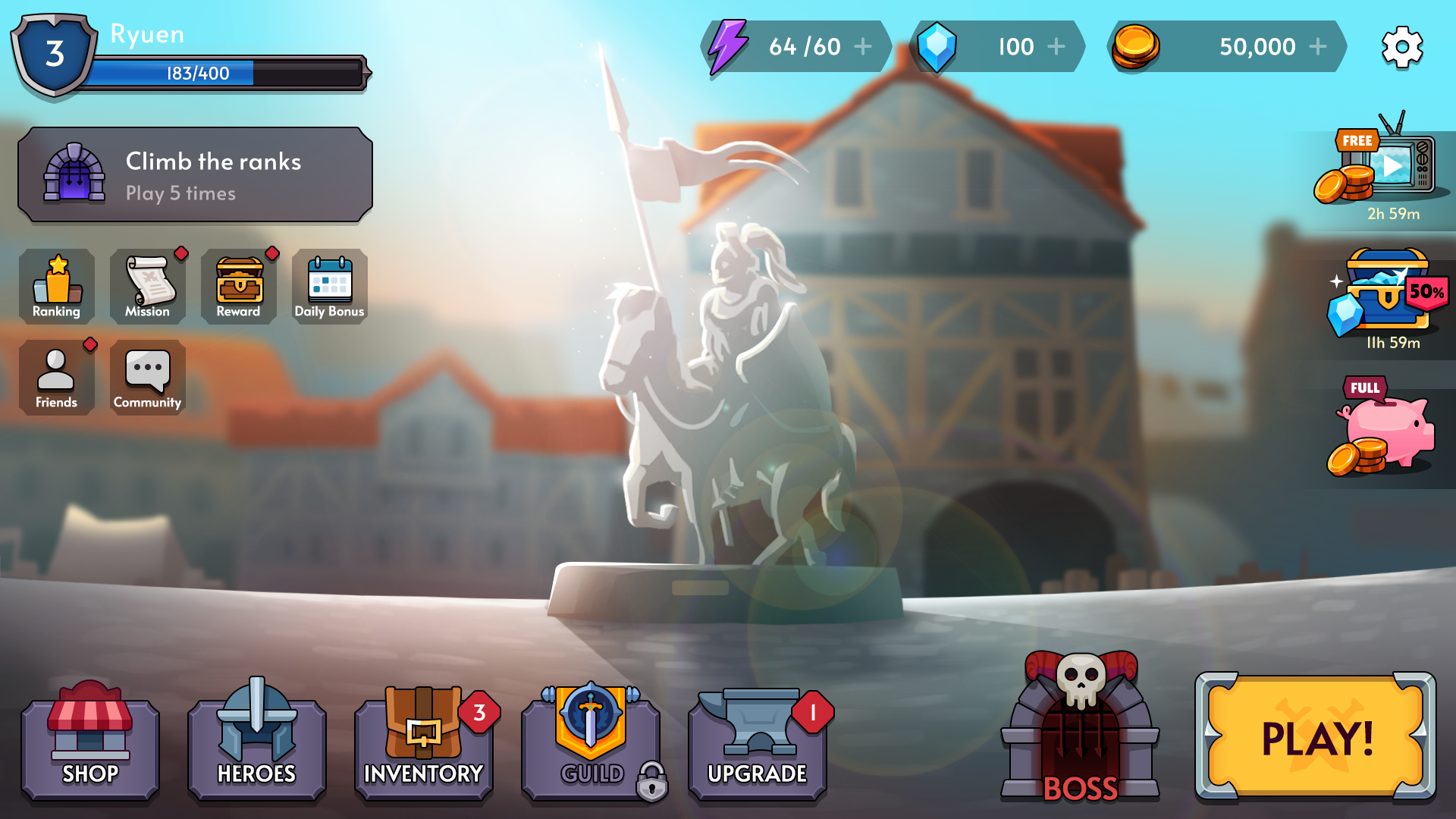 Fantasy RPG mobile game main home screen UI with character statue background, player stats, shop, heroes, inventory, guild, and play button, Layerlab, store.layerlab