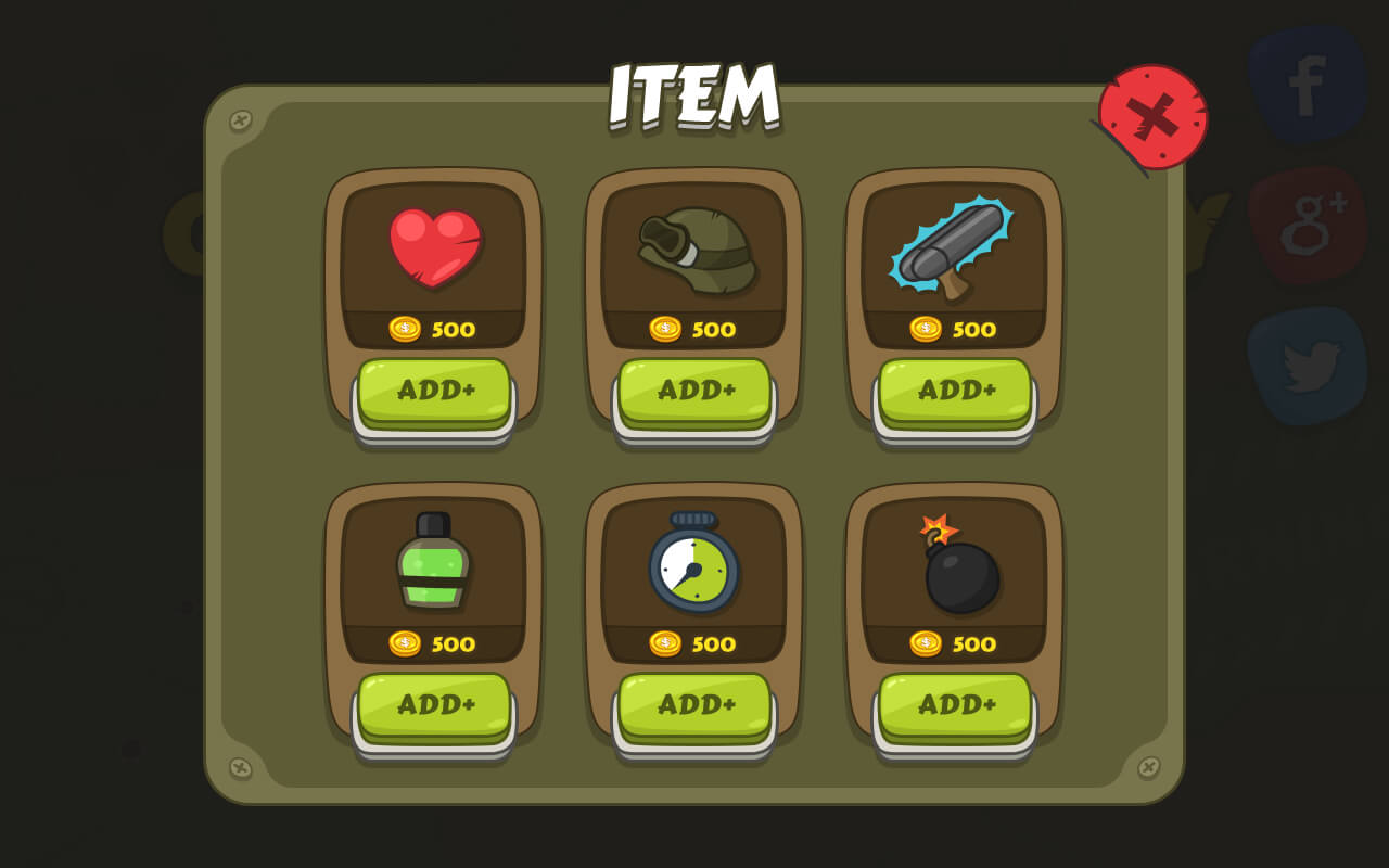 Cartoon military-themed interface design by LAYERLAB Shop, featuring military icons and graphics for GUI customization.