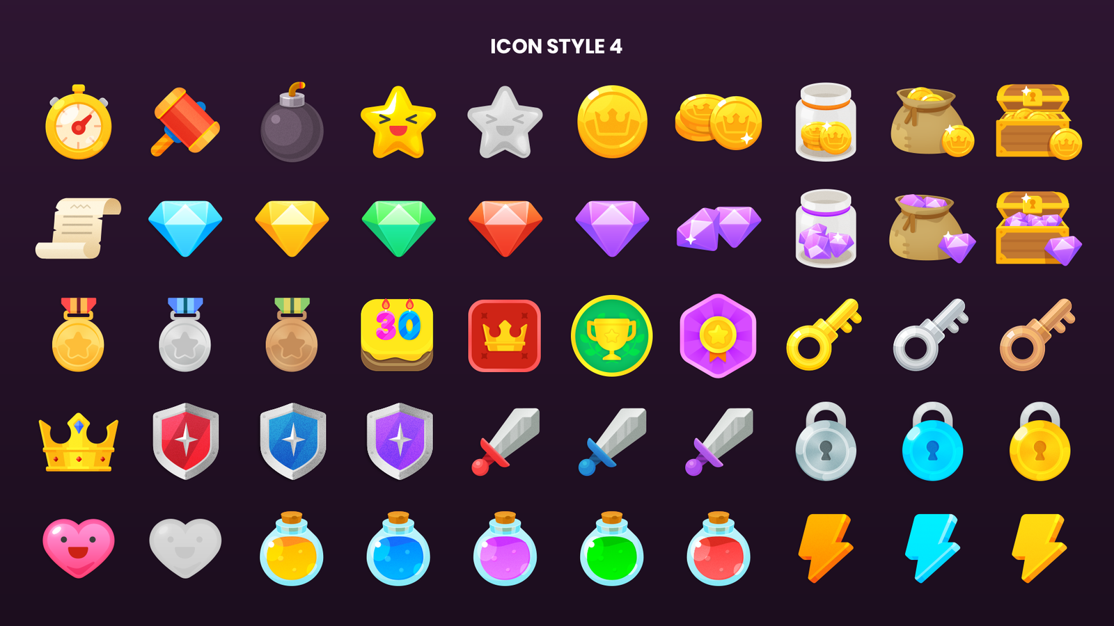 Collection of colorful 2D icons from LAYERLAB Shop, featuring various shapes and symbols in a total pack for creative design use.