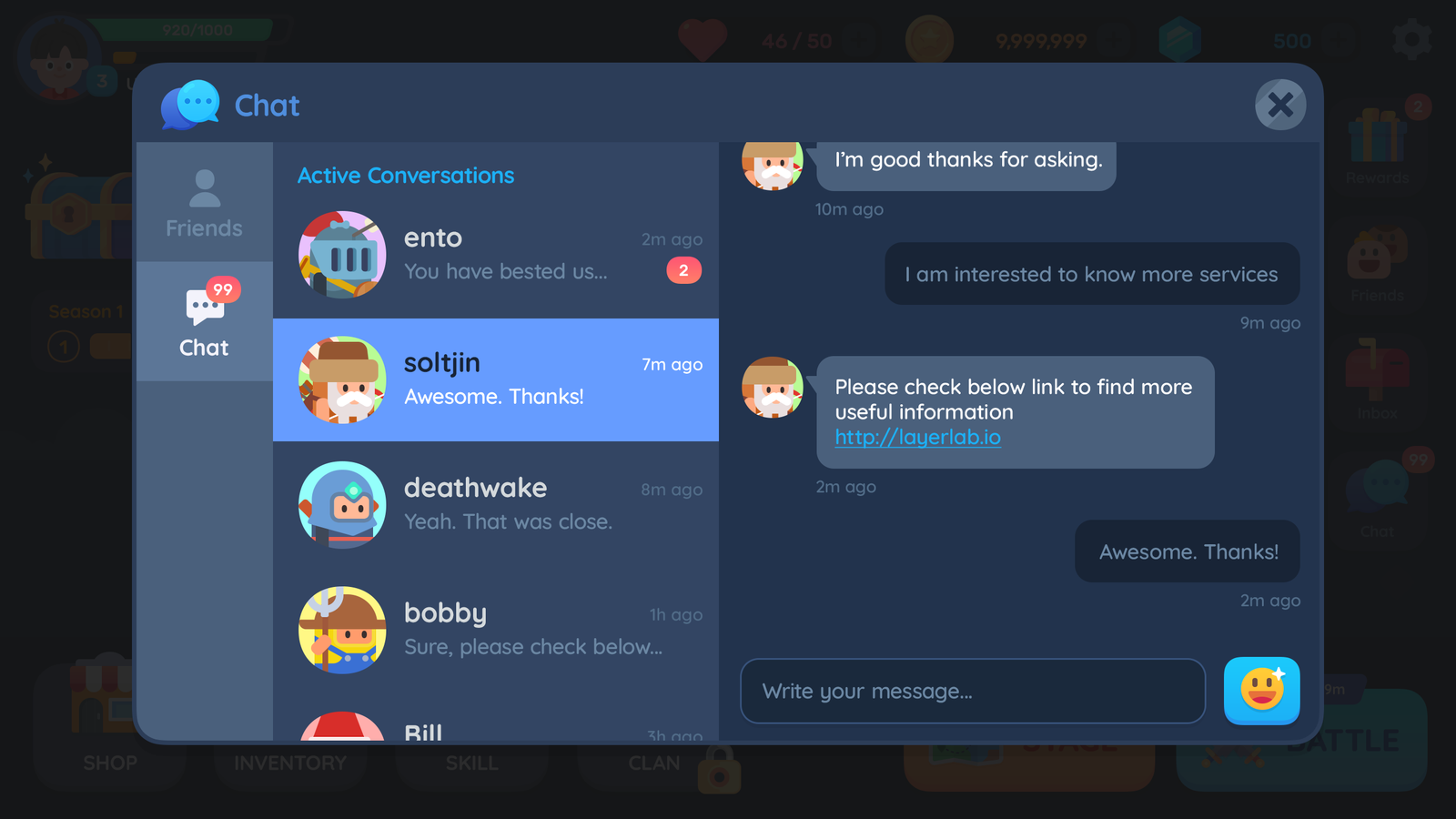 LayerLab GUI Pro casual interface screenshot showing chat window with simple design and PSD file elements.
