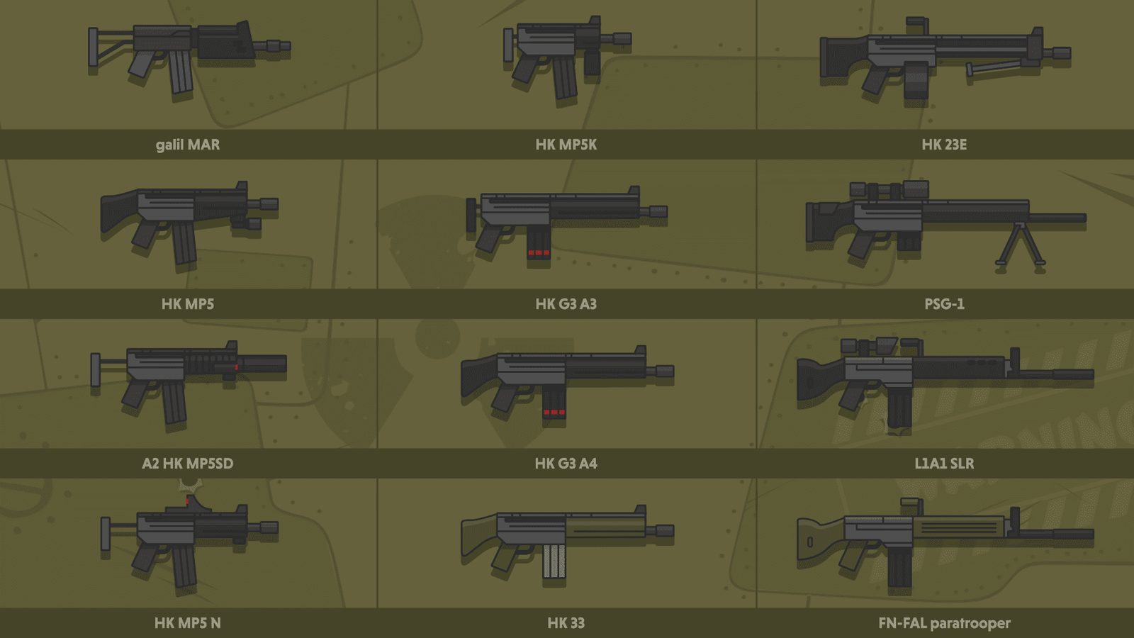 LayerLab Shop 2D military icons featuring various military items and equipment in a clean, vector-style design.