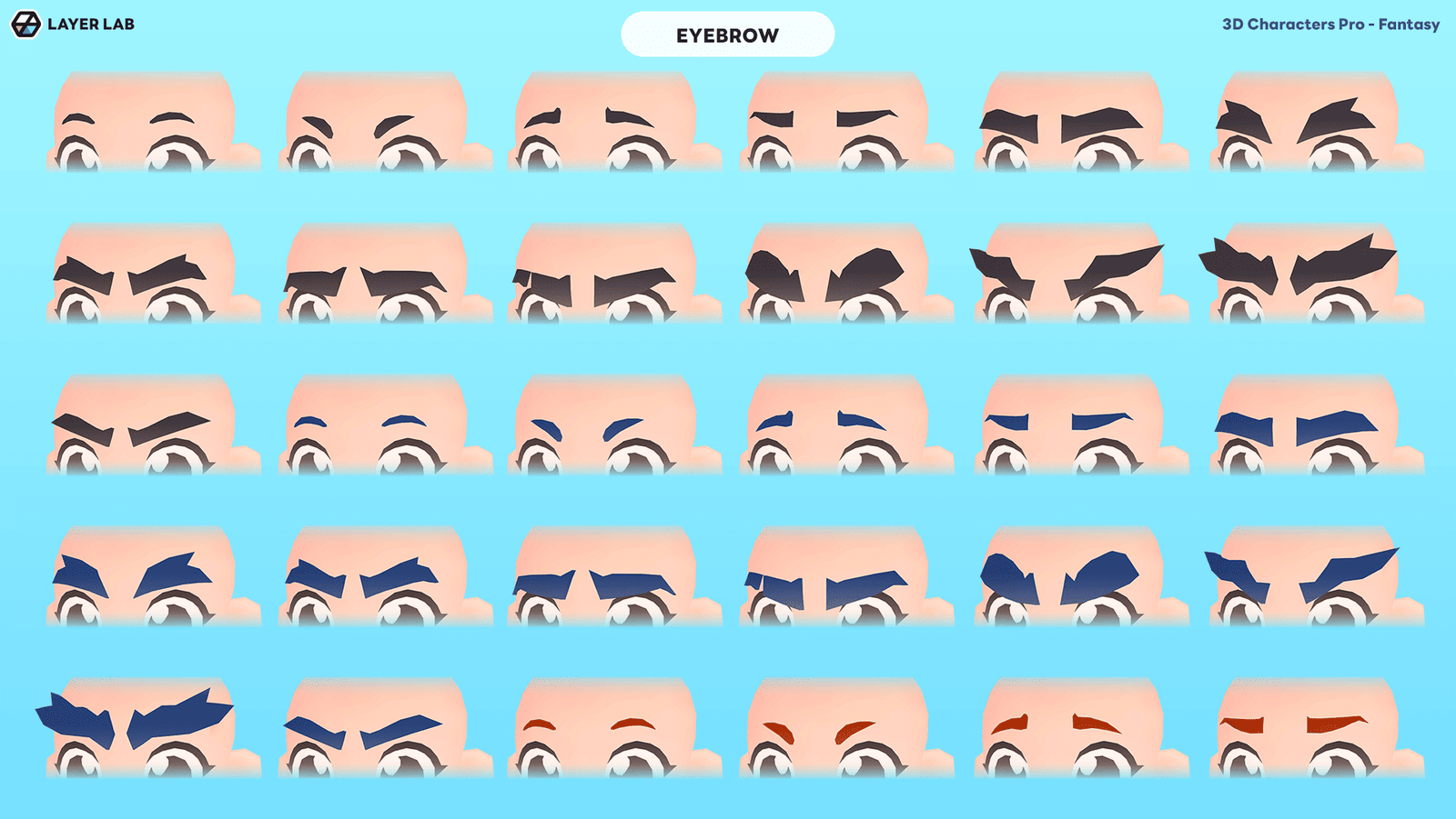 3D fantasy character with detailed brow design from LAYERLAB Shop's 3D Characters Pro series, front view with vibrant colors.